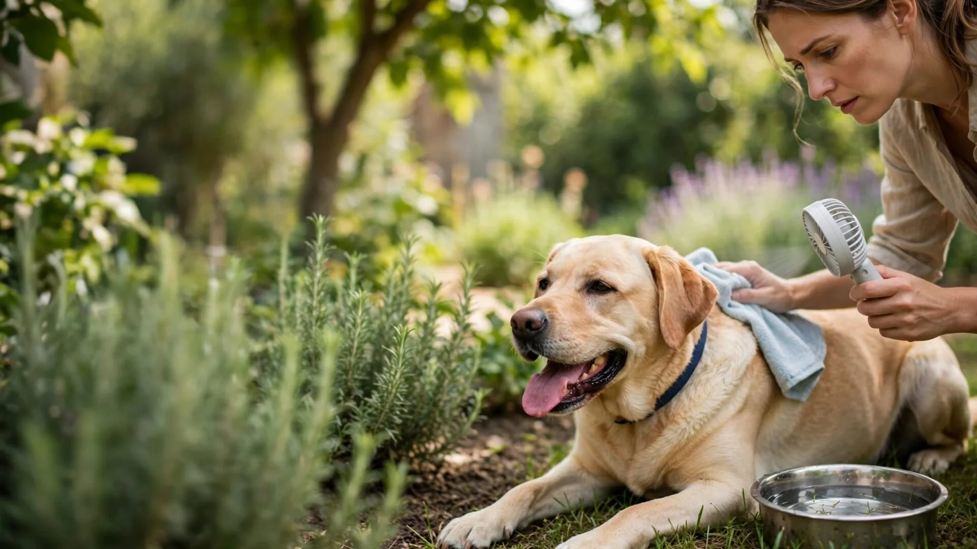 Un Labrador haletant reçoit une serviette humide près d’une gamelle d’eau.