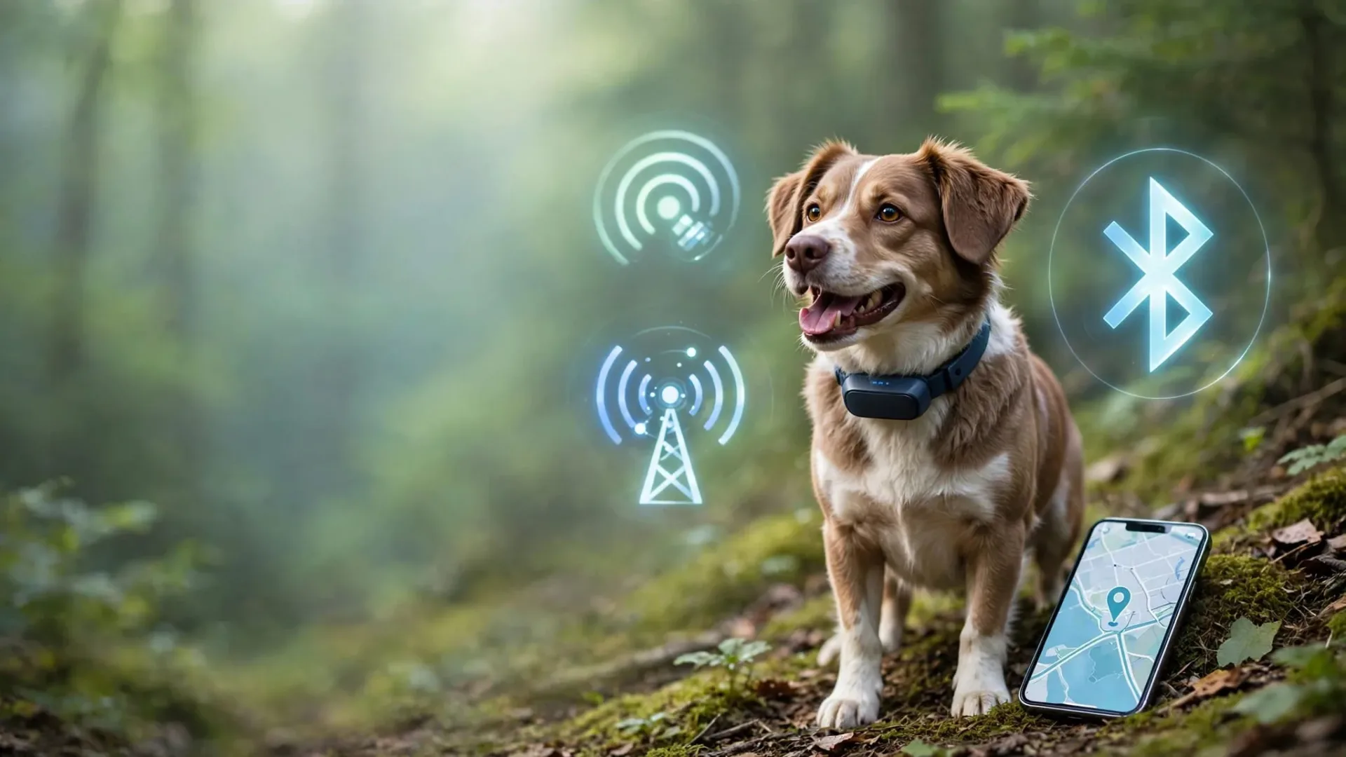 Un chien portant un collier GPS se tient sur un sentier près d’un smartphone.