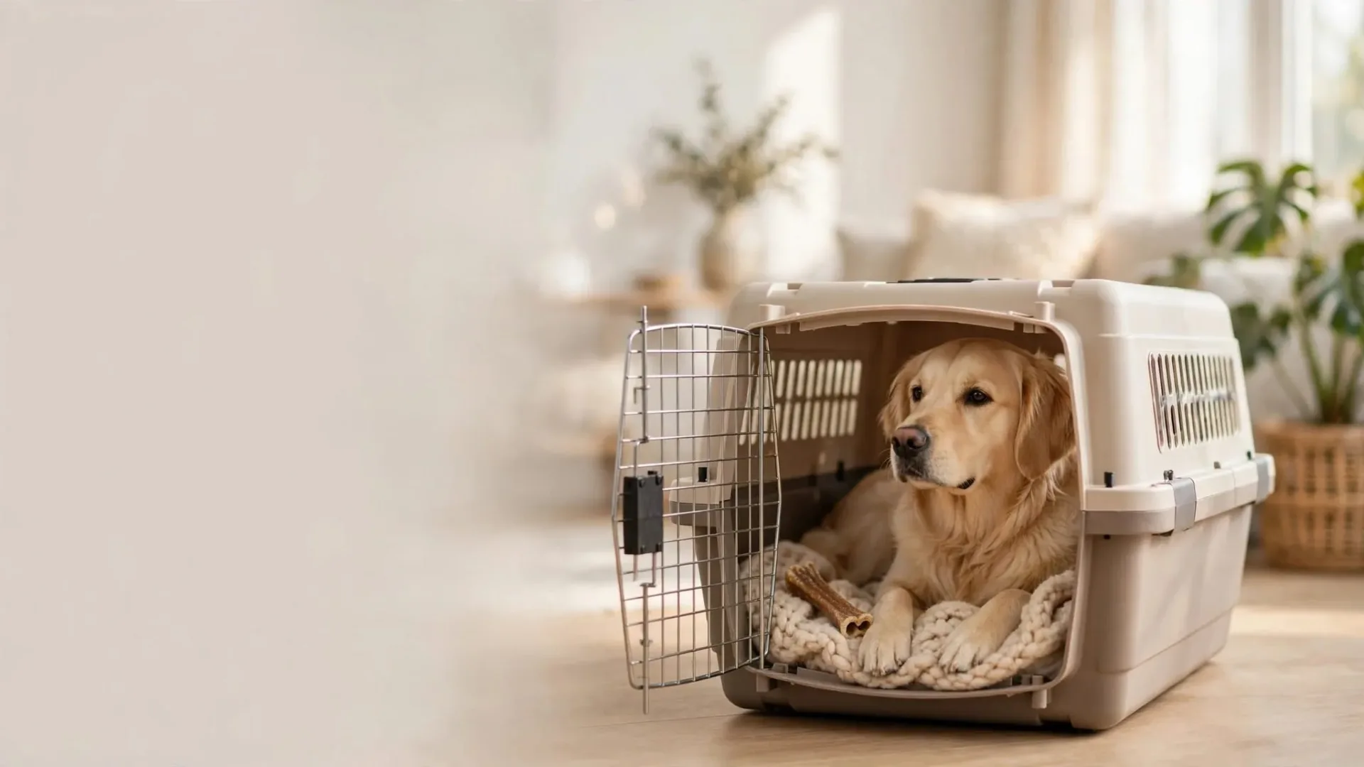 Un golden retriever détendu se repose dans une caisse ouverte avec une couverture et une friandise.