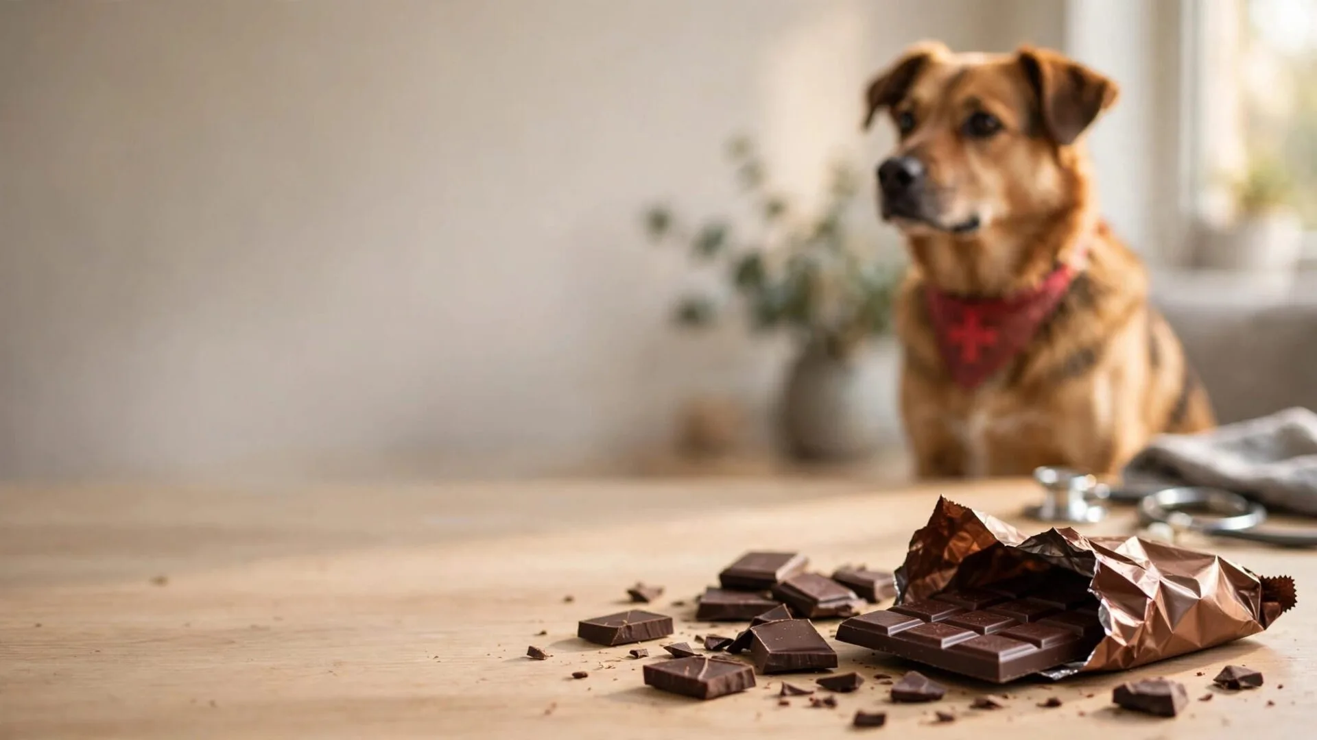 Un chien observe des morceaux de chocolat noir et un emballage ouvert sur une table.