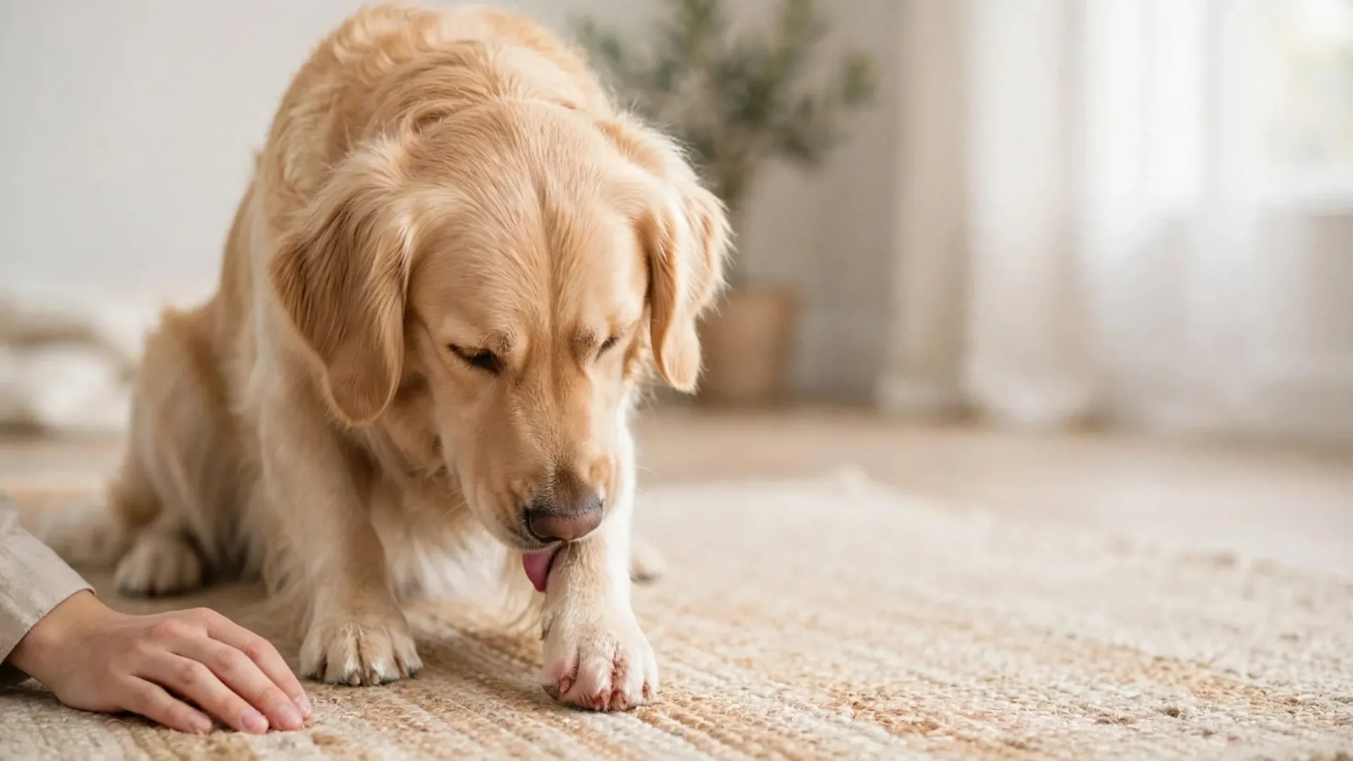 Un golden retriever lèche sa patte près de la main de son maître.