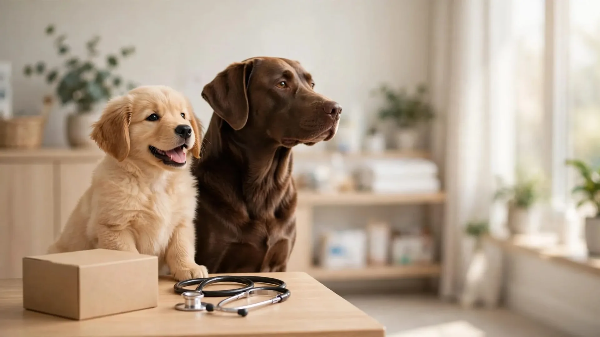 Un chiot et un chien adulte près d’une boîte de vermifuge et d’un stéthoscope.