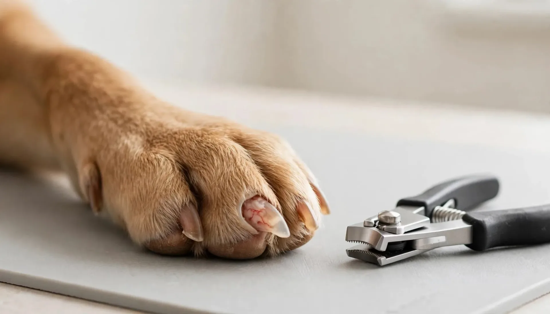 Une patte de chien repose à côté d'une pince à griffes.