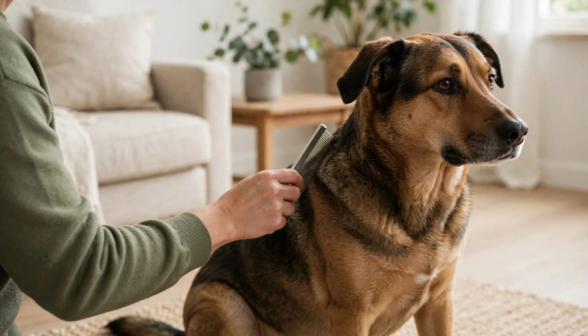 Un chien assis dont une personne examine doucement le pelage avec un peigne à puces.