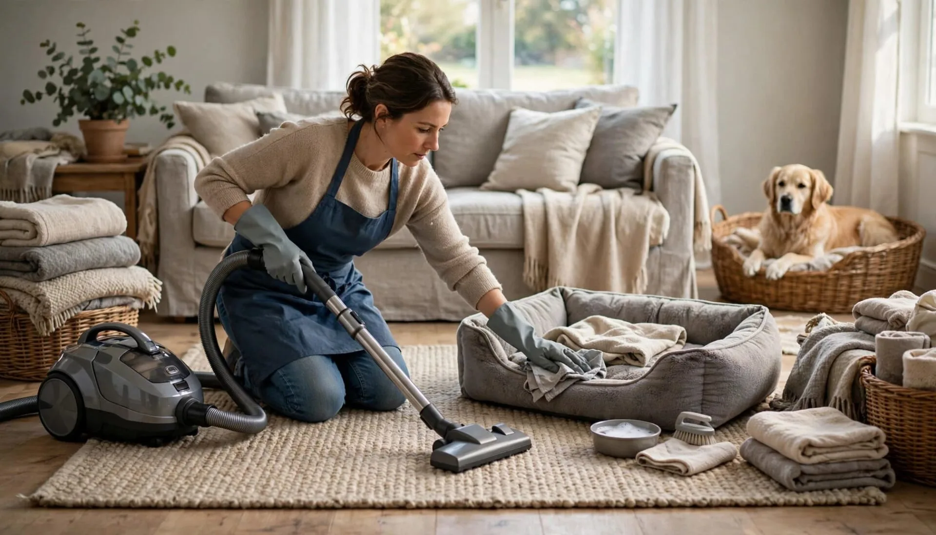Une personne aspire un tapis, nettoie le couchage du chien et un chien reste visible au second plan.