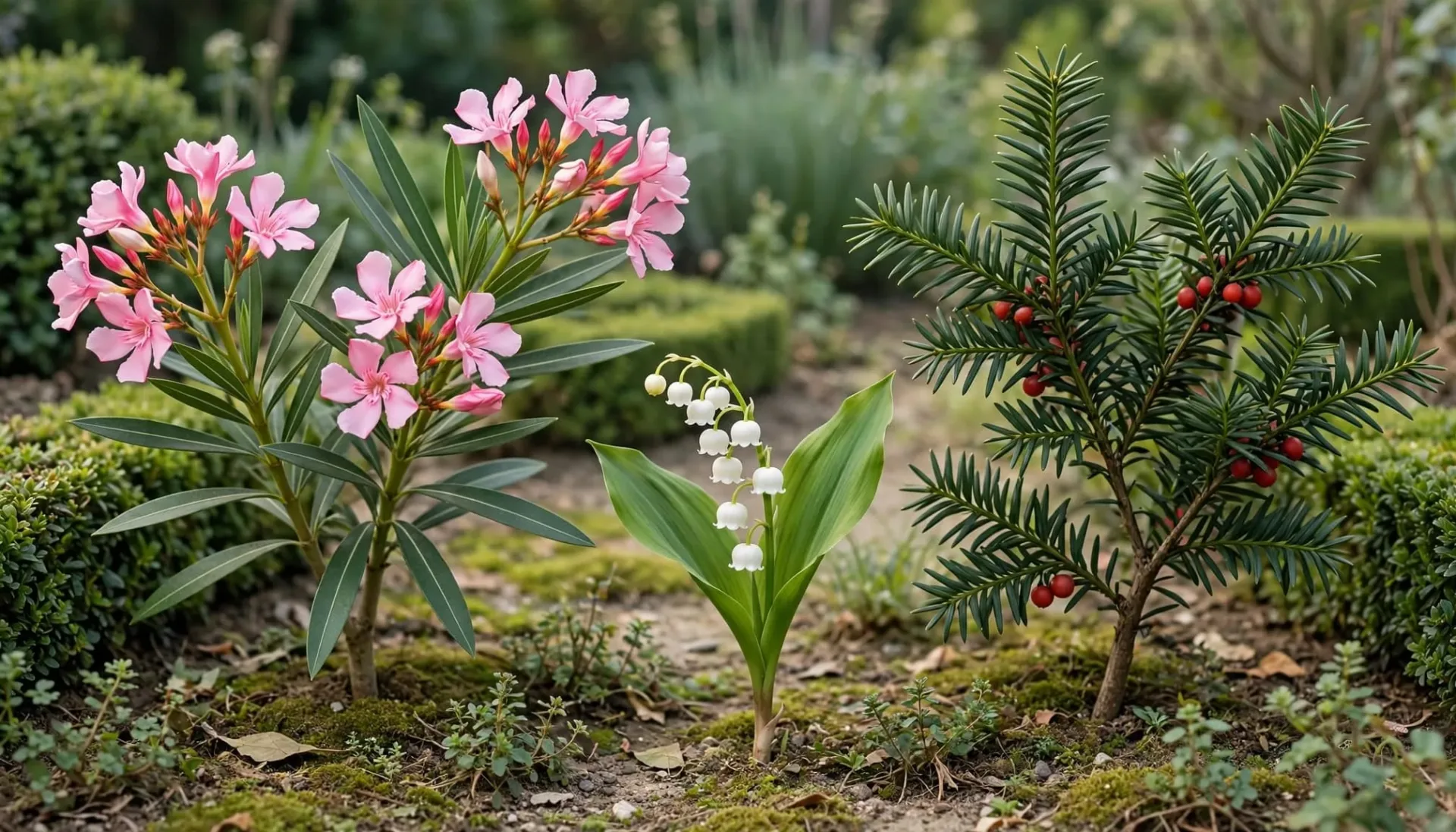Laurier-rose, muguet et if dans une bordure de jardin.