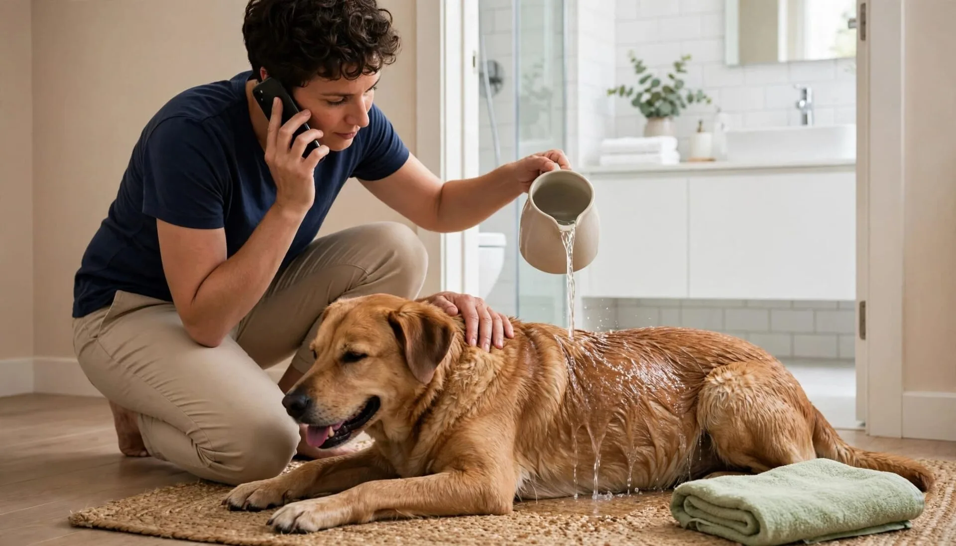 Un chien est rafra&icirc;chi doucement pr&egrave;s d'une salle de bains.