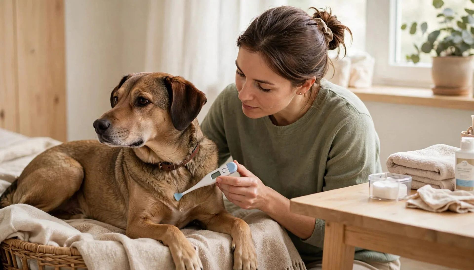 Un propriétaire prend doucement la température d'un chien calme près de son panier.