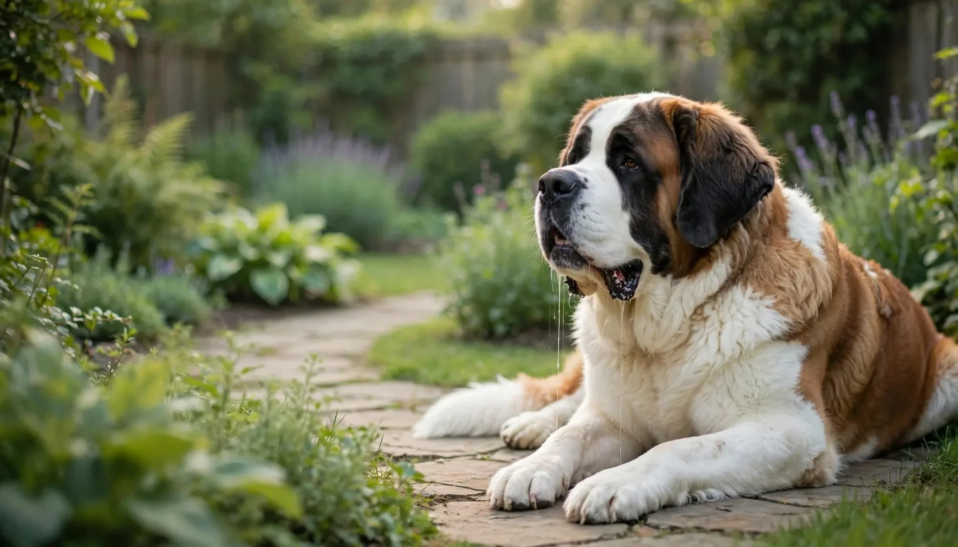 Un Saint-Bernard bave doucement dans un jardin ensoleillé.