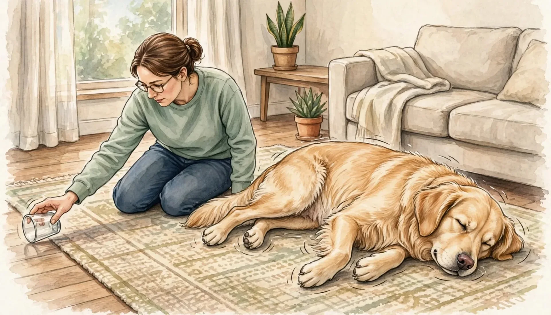 Un chien en crise, prot&eacute;g&eacute; par une propri&eacute;taire qui &eacute;carte un objet dangereux.