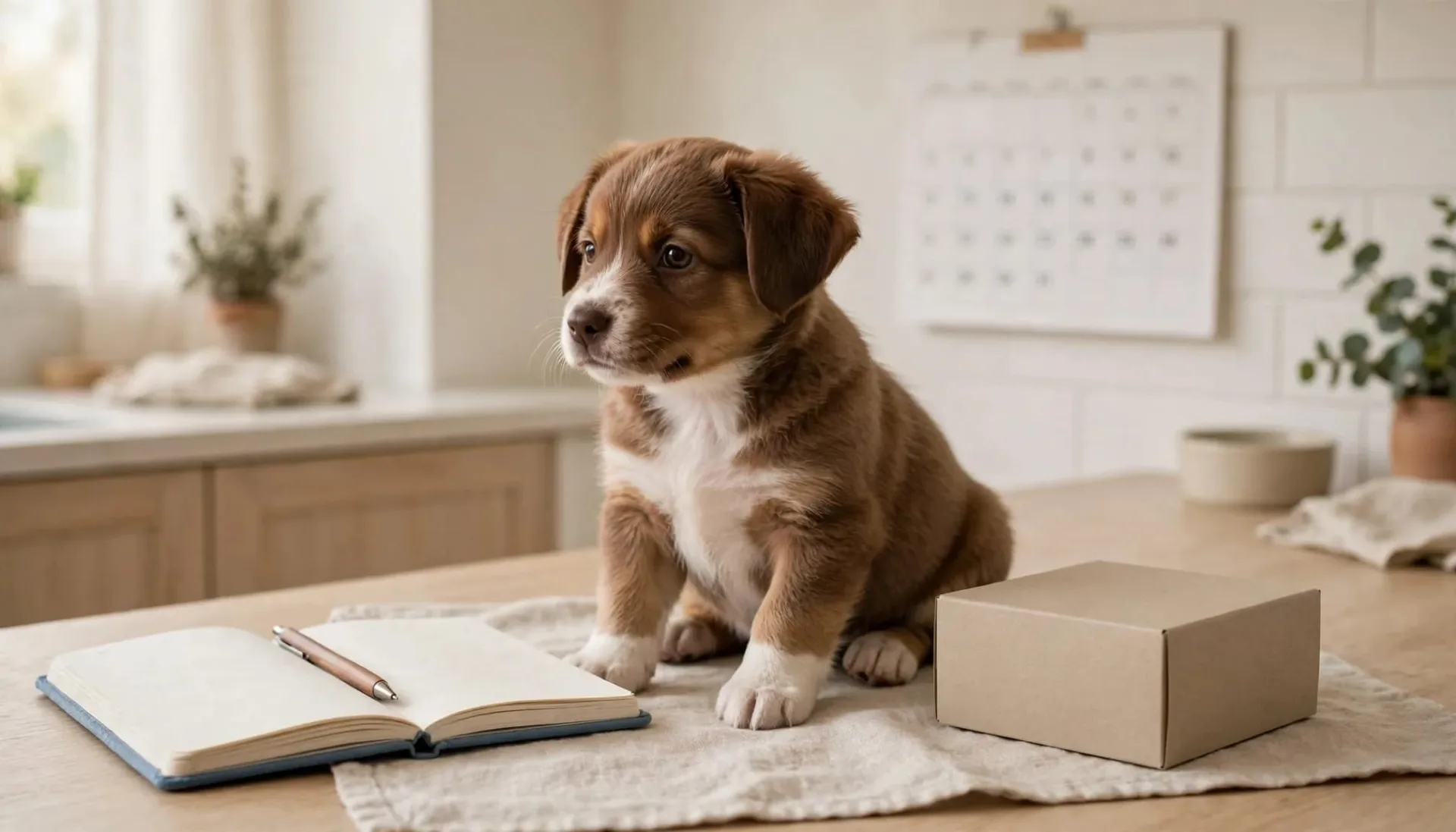 Un chiot assis pr&egrave;s de son carnet de sant&eacute; et d'une bo&icirc;te antiparasitaire.