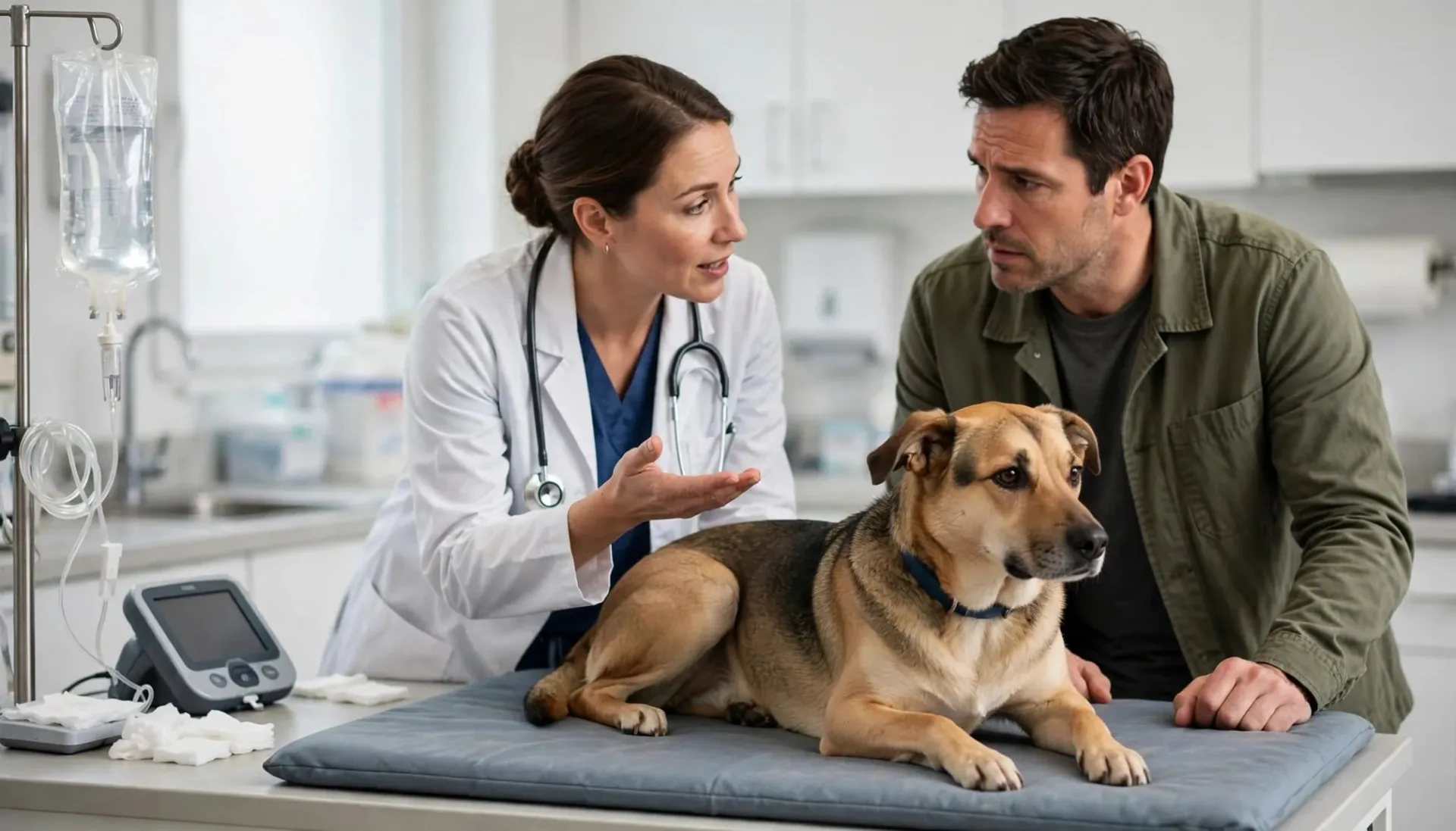 Une vétérinaire examine un chien tandis que son propriétaire l'écoute près du matériel médical.