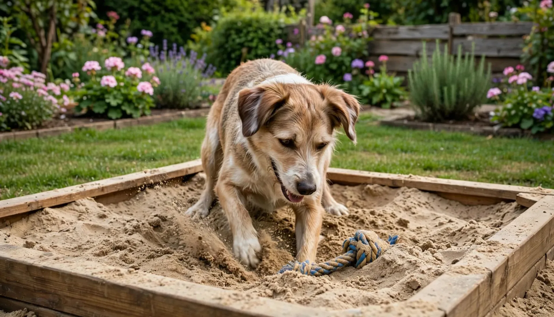 Un chien heureux creuse dans un bac à sable en bois dans un jardin.