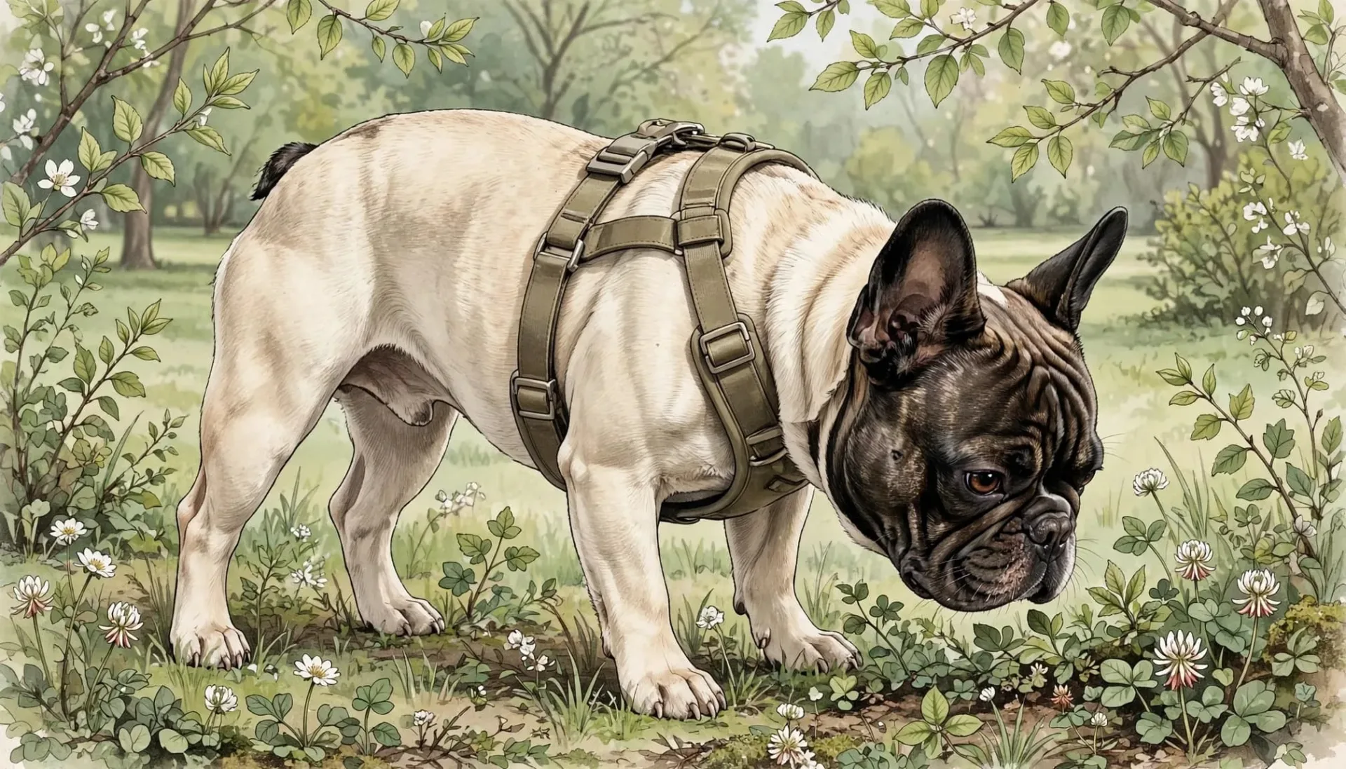 Illustration d'un bouledogue français portant un harnais et reniflant des fleurs dans un parc.