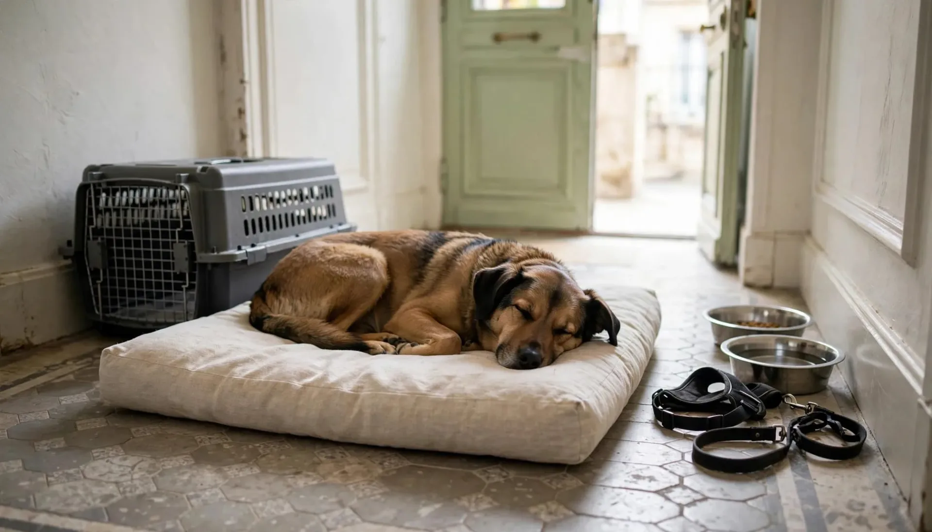 Un chien adopté se repose près de sa laisse, de deux gamelles et d'une caisse fermée.