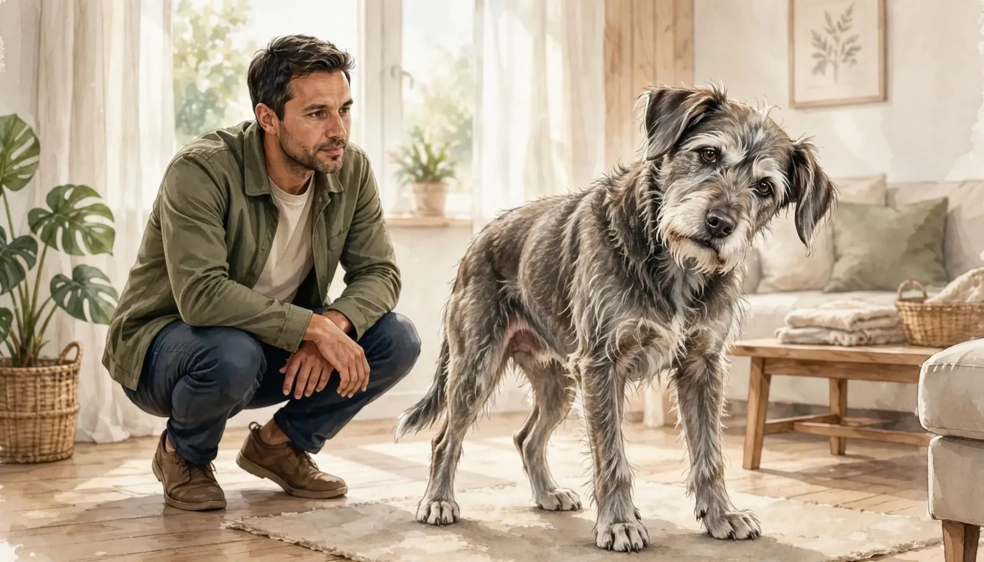 Un homme accroupi pr&egrave;s d'un chien gris aux poils &eacute;bouriff&eacute;s dans un salon lumineux.