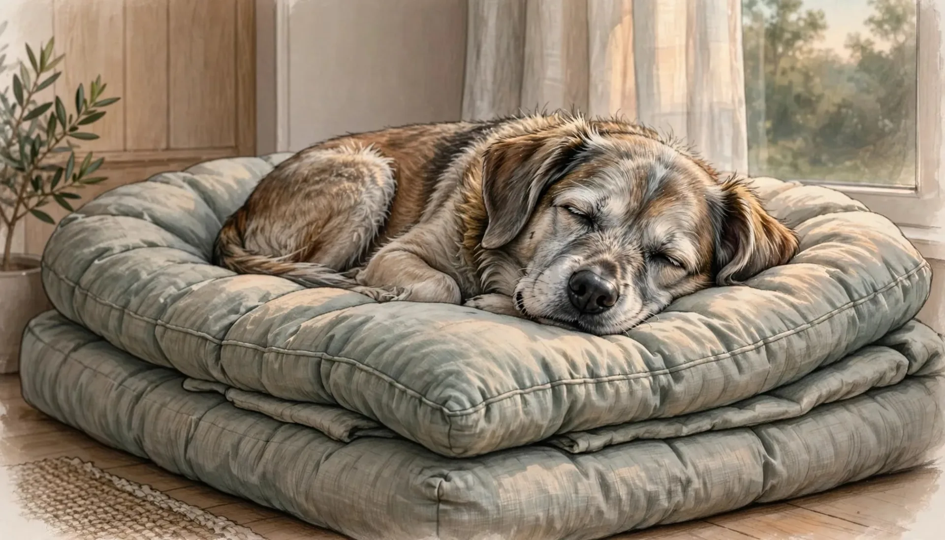 Un chien senior dort paisiblement sur de gros coussins moelleux près d'une fenêtre.