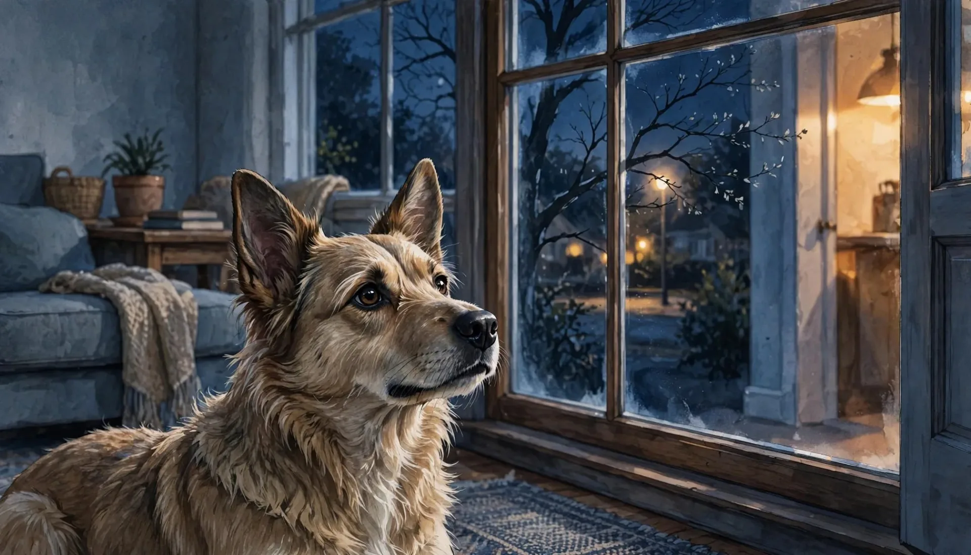 Un chien éveillé regarde par la fenêtre d'un salon la nuit.