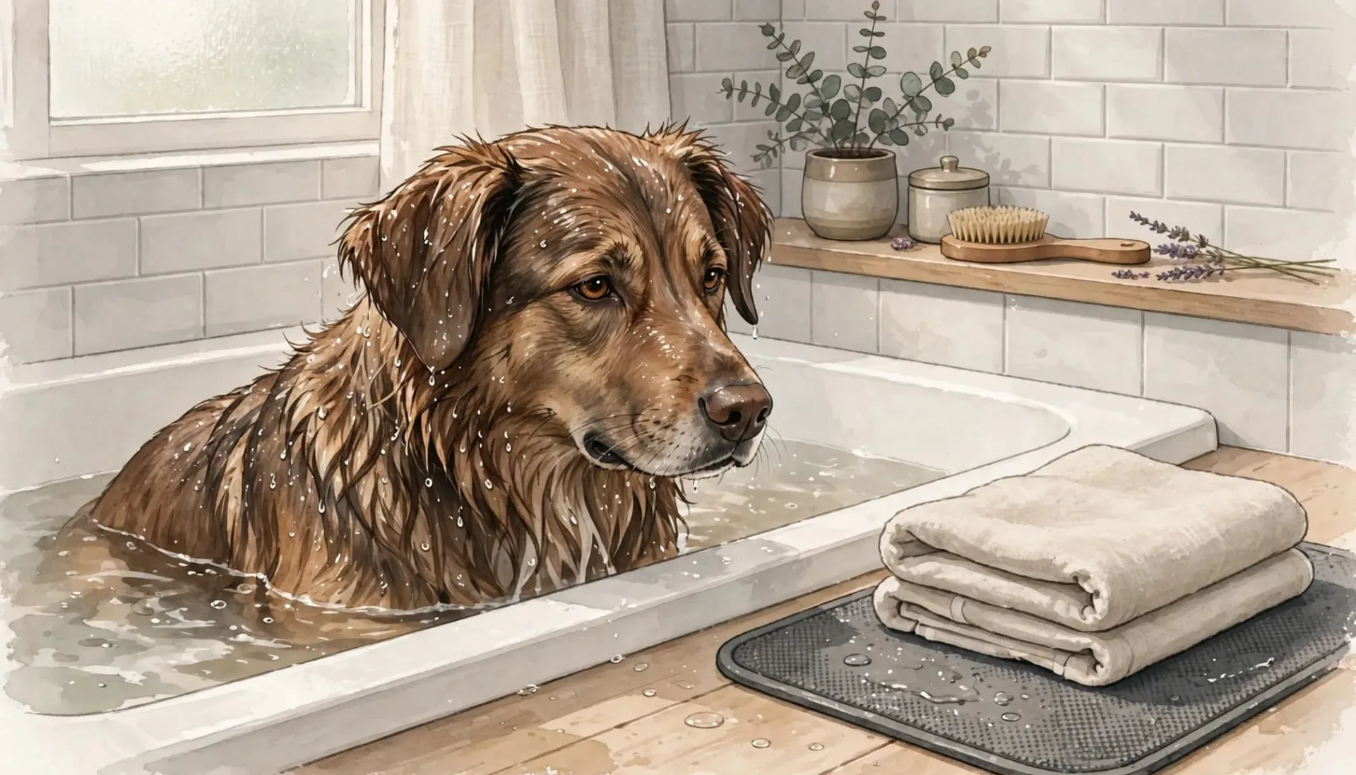 Illustration d'un chien mouillé dans une baignoire avec une serviette pliée à côté.