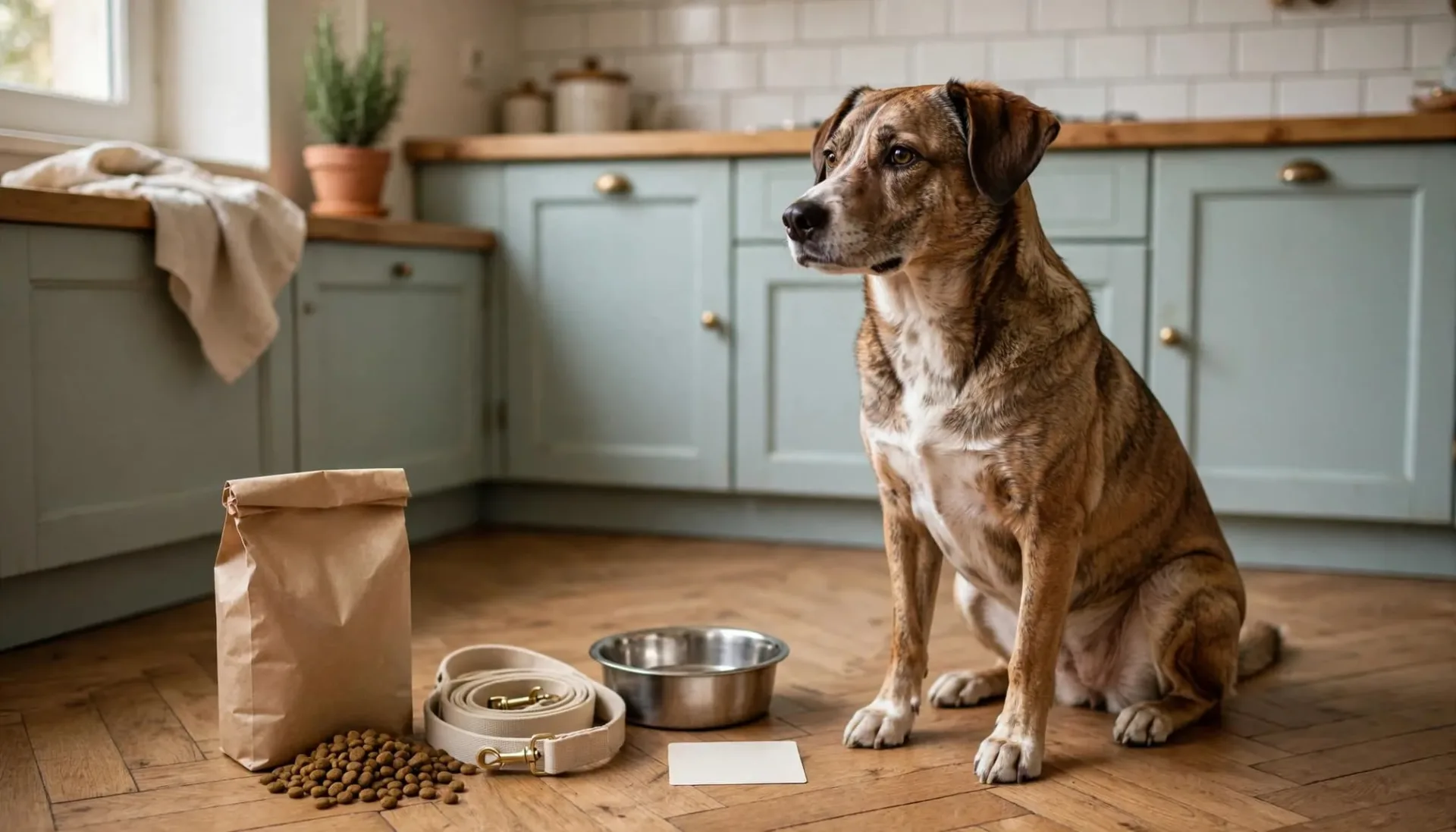 Un chien assis près de croquettes, d'une laisse et d'une gamelle.