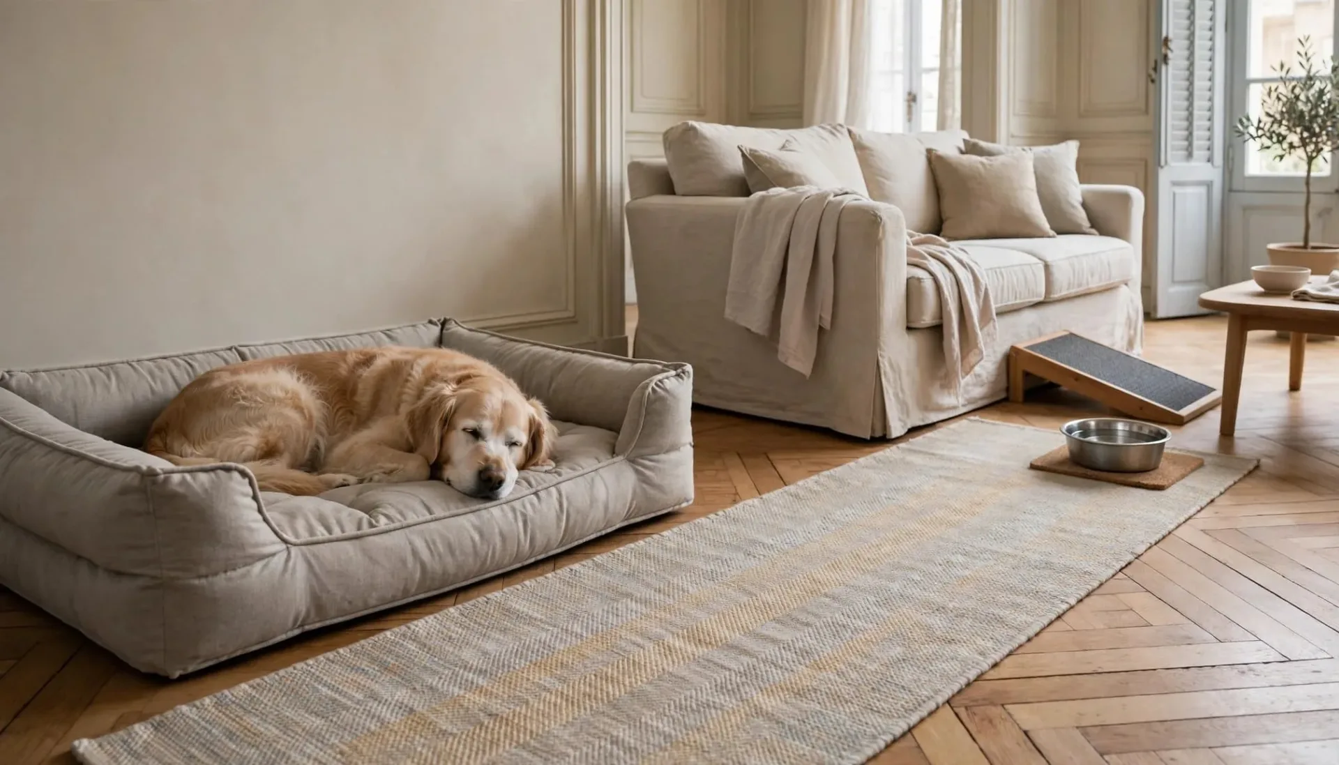 Un chien repose sur un lit pr&egrave;s d'un tapis antid&eacute;rapant et d'une rampe basse.