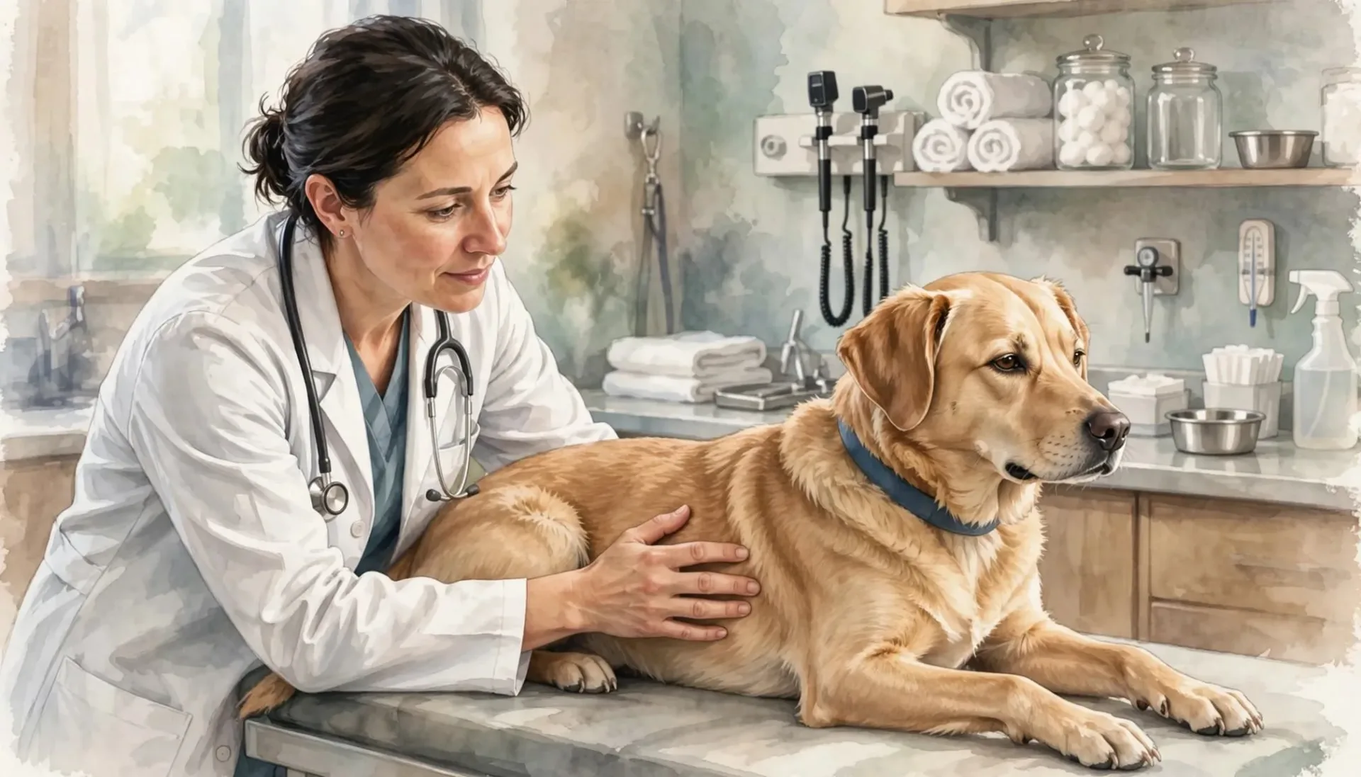 Un v&eacute;t&eacute;rinaire examine un chien calme sur une table dans un cabinet.