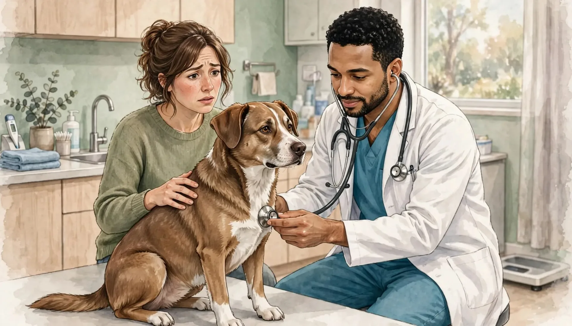 Un v&eacute;t&eacute;rinaire examine un chien avec un st&eacute;thoscope en pr&eacute;sence de sa propri&eacute;taire inqui&egrave;te.