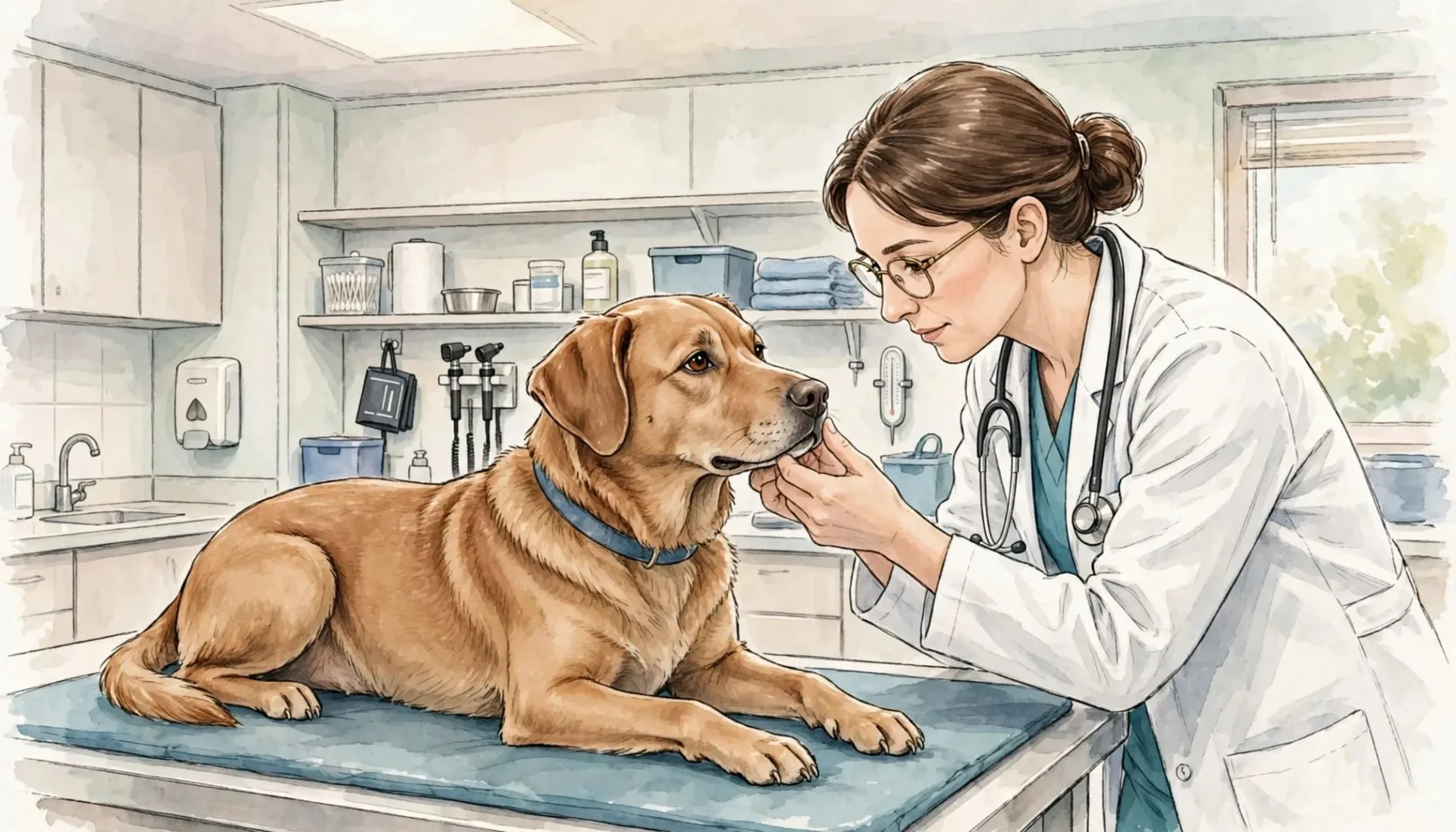 Une vétérinaire examine doucement un chien posé sur une table de consultation.