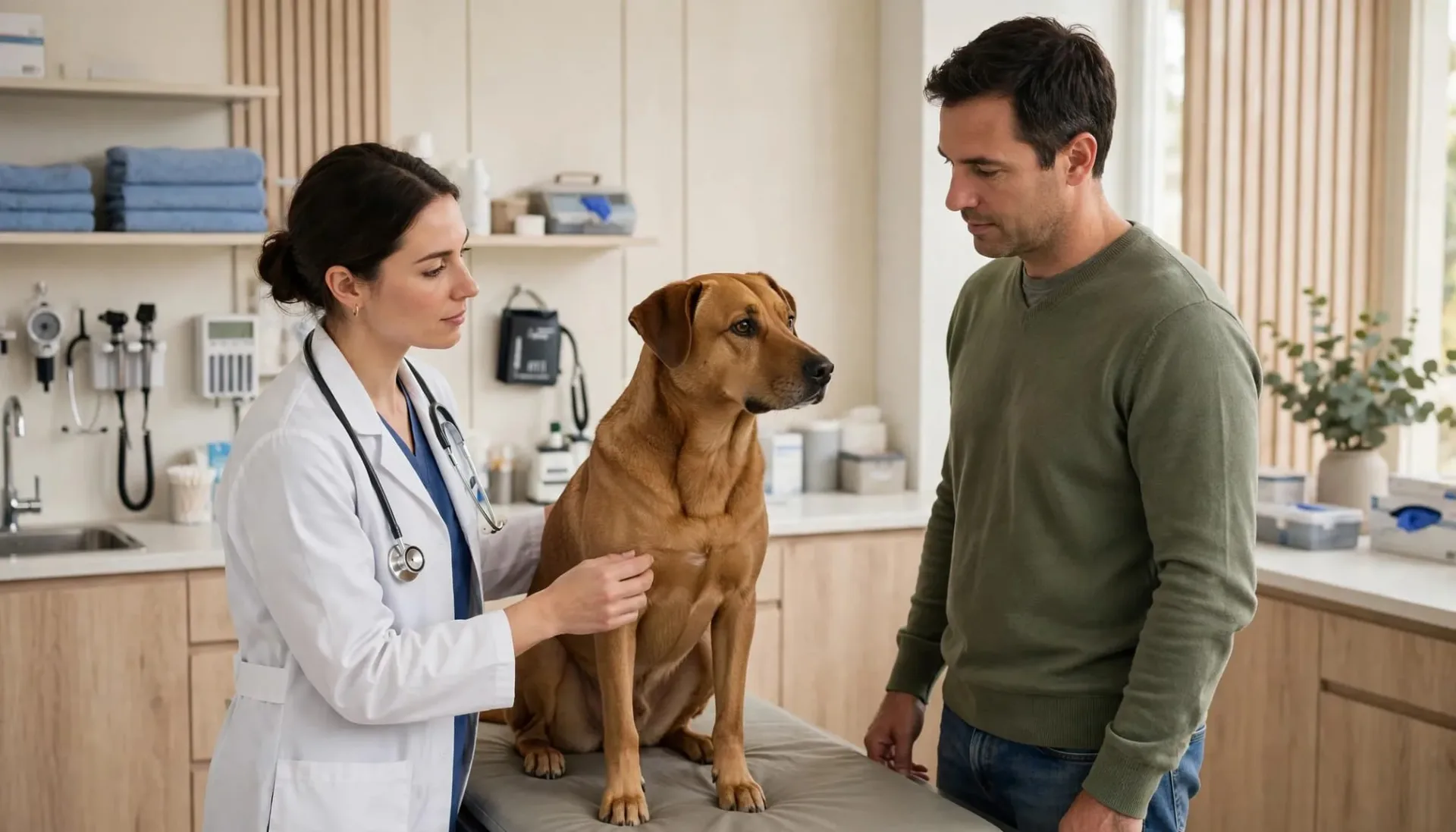 Un v&eacute;t&eacute;rinaire examine un chien sur une table, pr&egrave;s de son propri&eacute;taire.