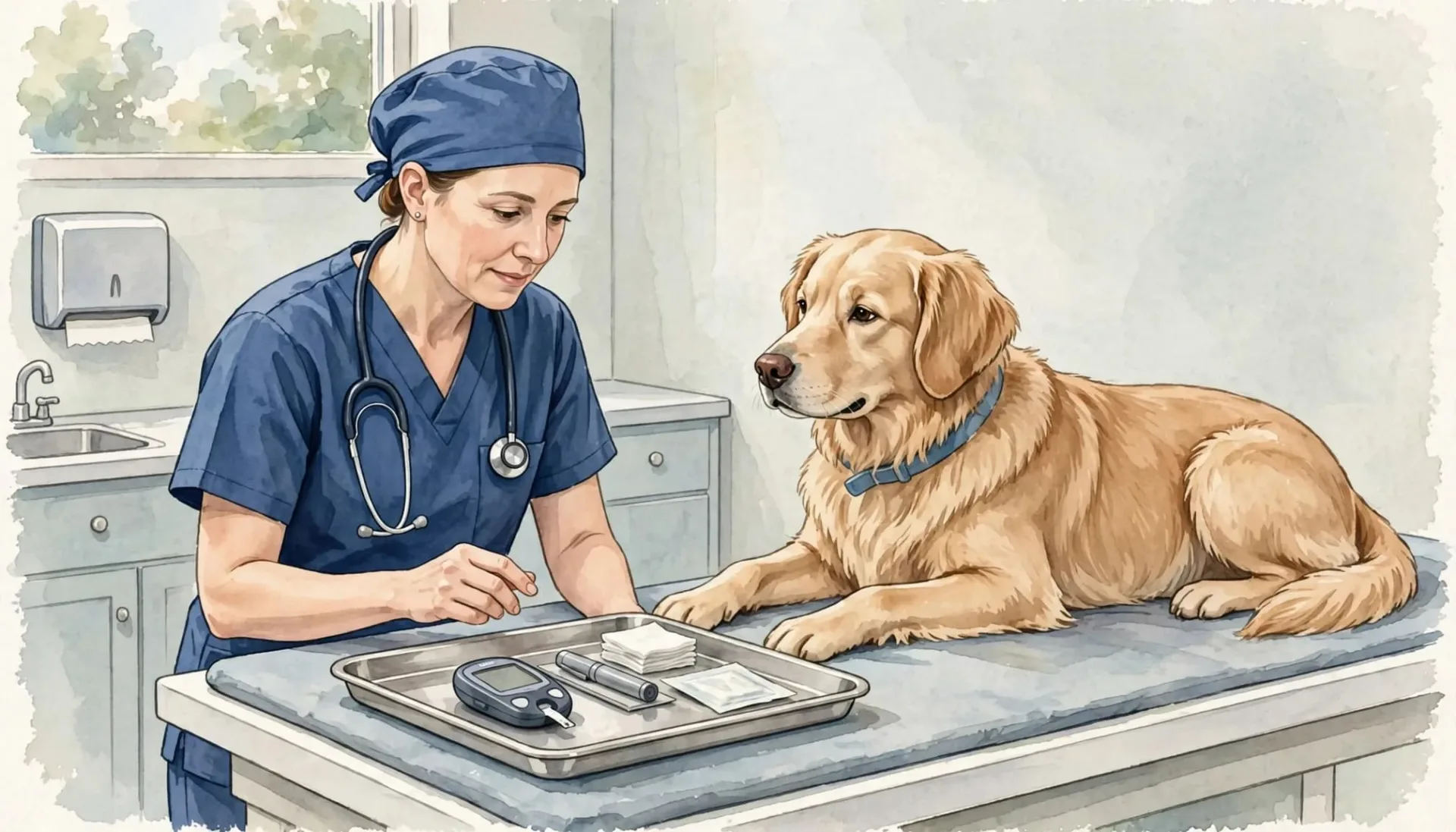 Une vétérinaire examine un chien sur une table avec un plateau d'outils médicaux.