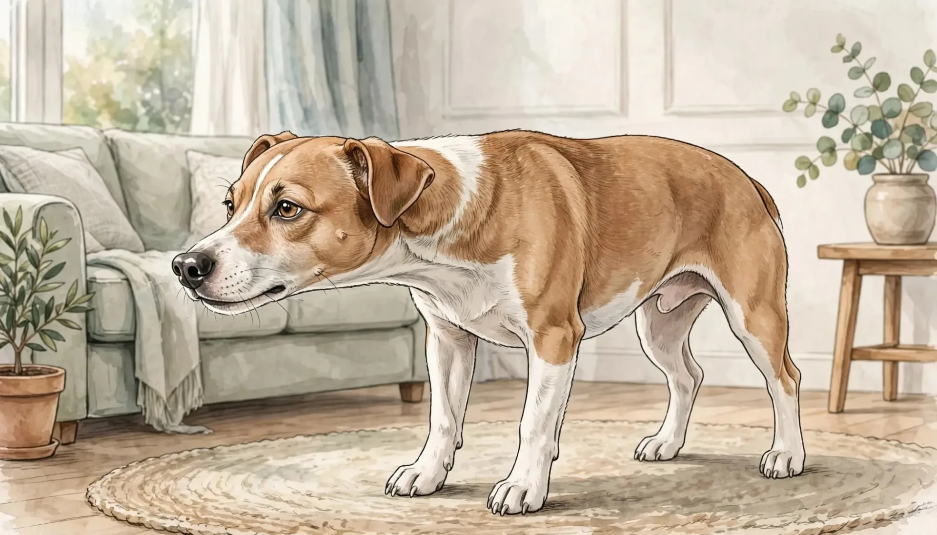 Illustration d'un chien marron et blanc avec le cou tendu dans un salon.