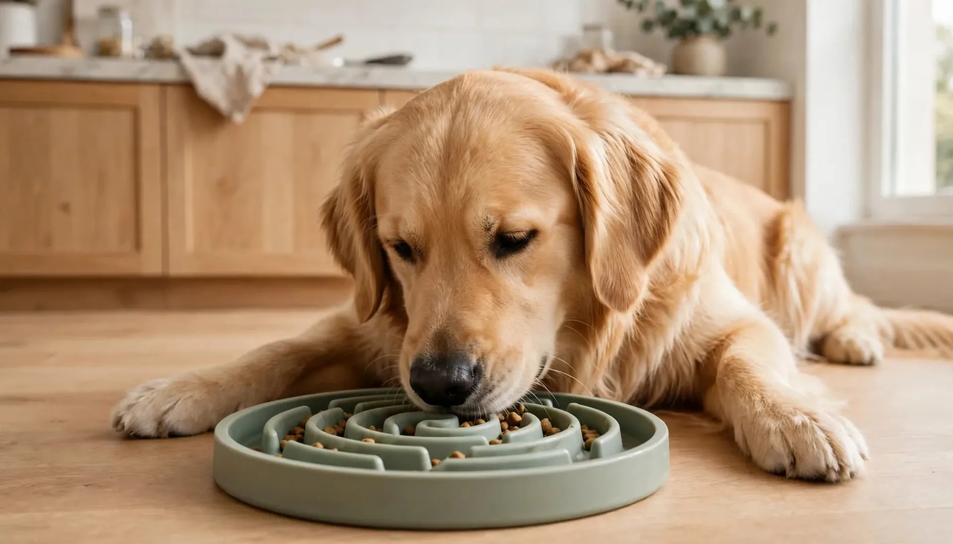 Un golden retriever mange calmement dans une gamelle à reliefs, dans une cuisine lumineuse.