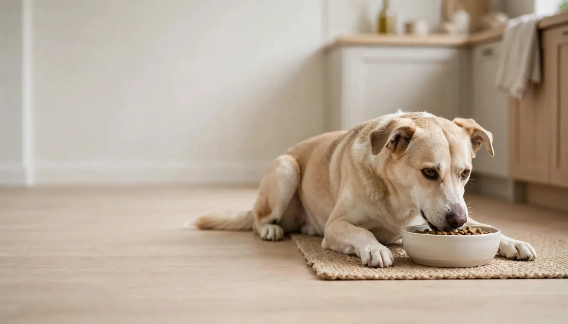 Un chien mange dans une gamelle posée sur un tapis, sur le sol dégagé d'une cuisine.