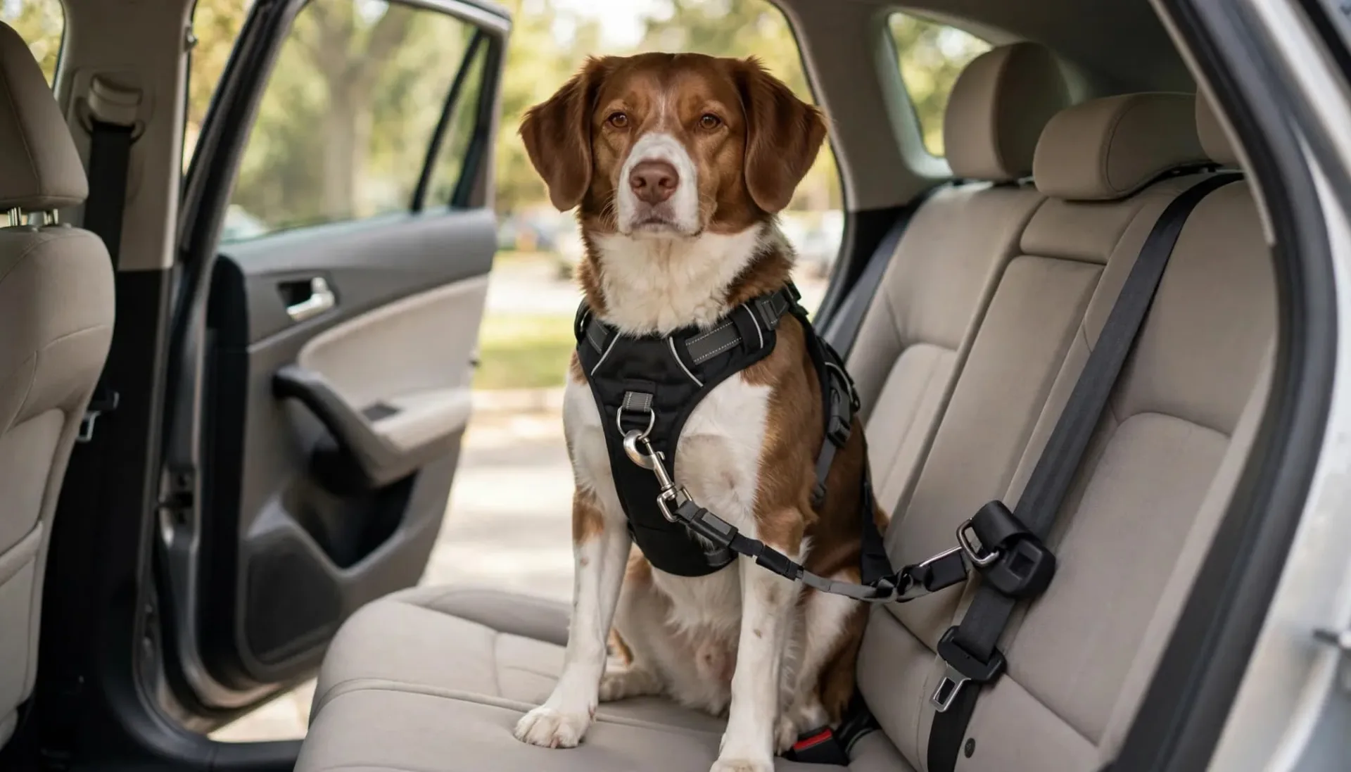 Un chien assis dans un harnais attach&eacute; sur la banquette arri&egrave;re d'une voiture.