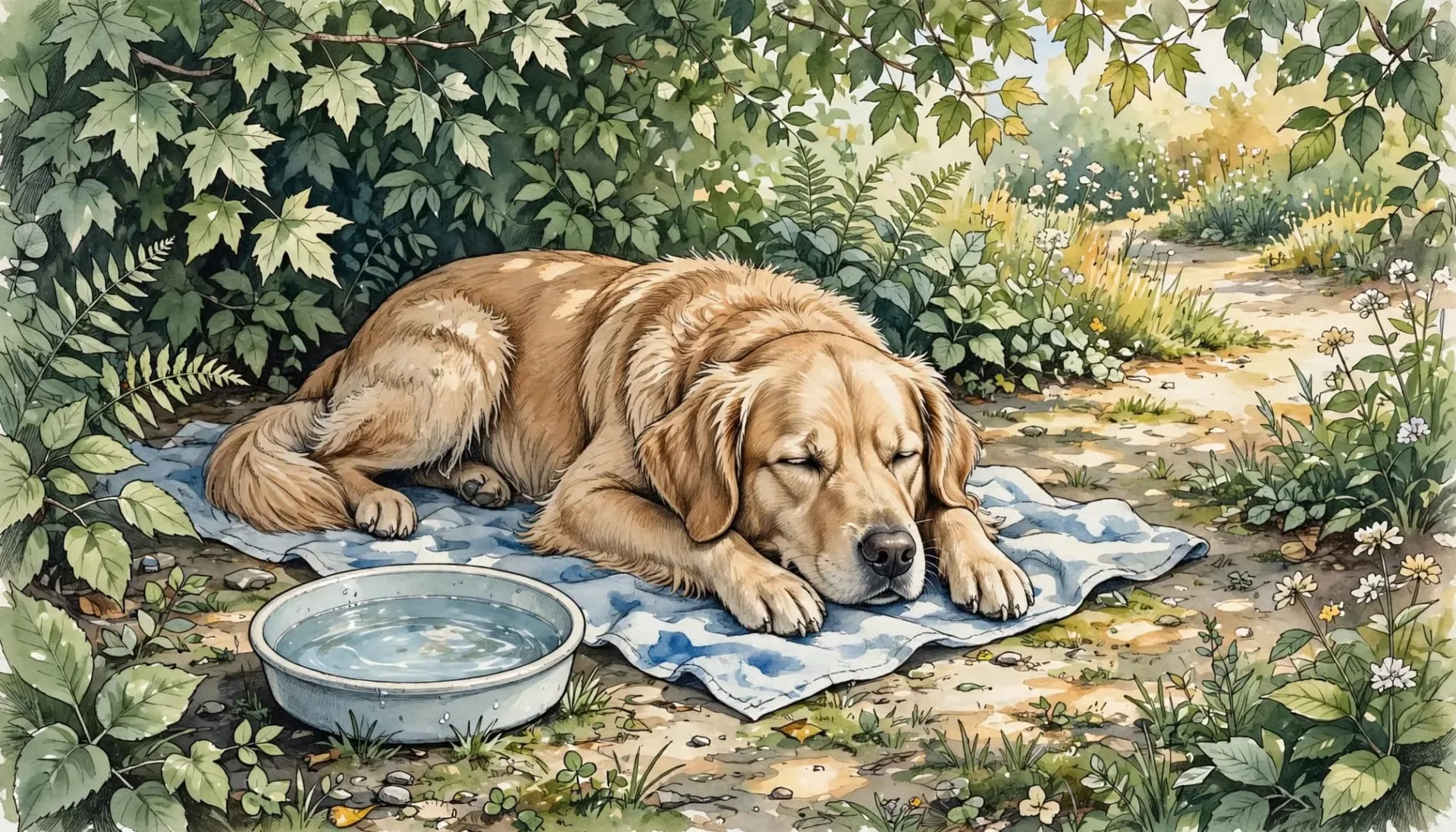 Illustration à l'aquarelle d'un chien endormi sur une serviette près d'une gamelle d'eau.