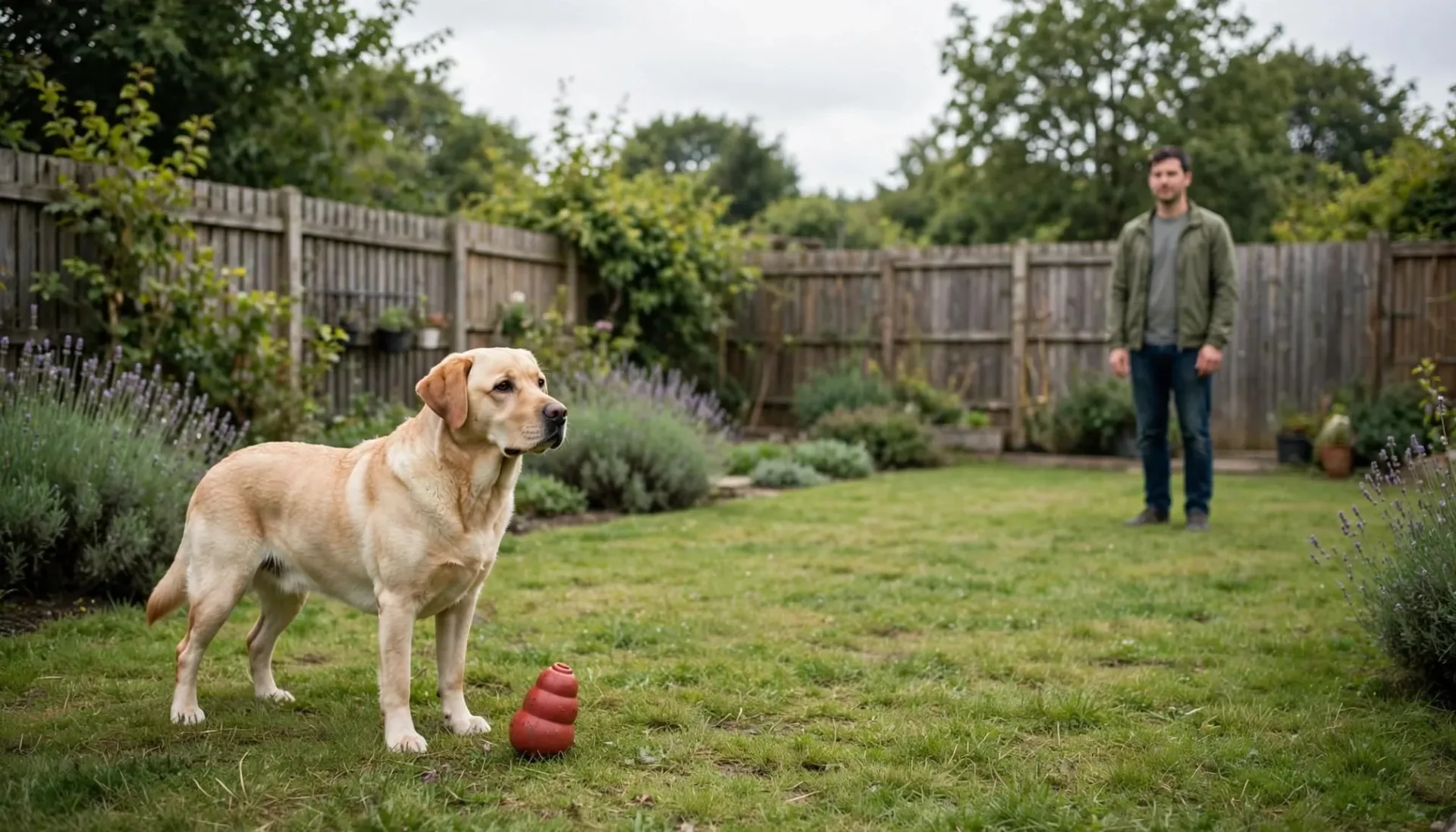 Un chien près d'un jouet, face à un éducateur dans le jardin.