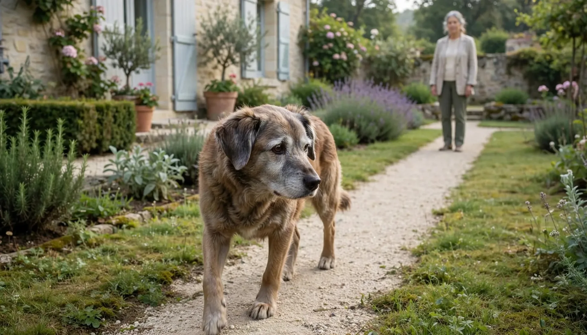 Un chien &acirc;g&eacute; marche lentement sur une all&eacute;e tandis que son propri&eacute;taire l'observe.