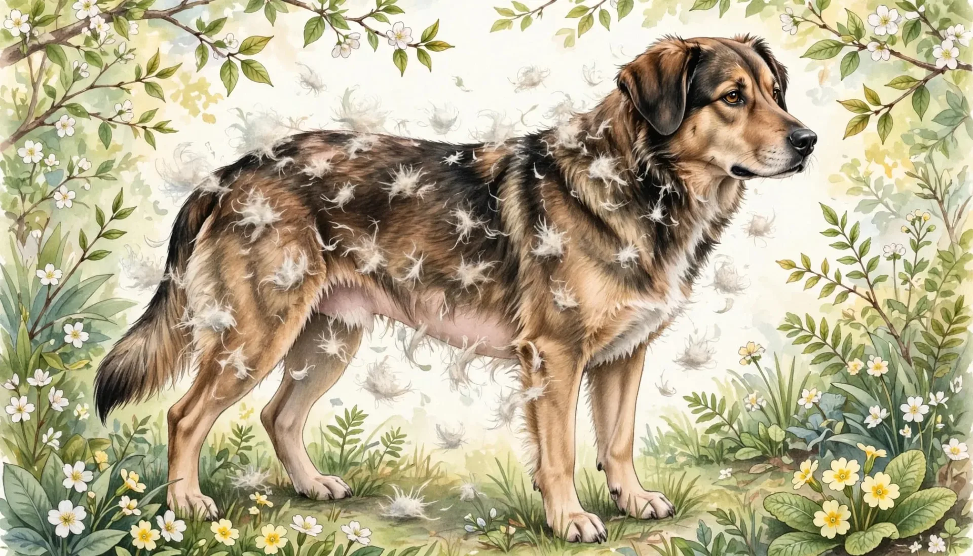 Illustration d'un chien qui perd ses poils dans un jardin fleuri.
