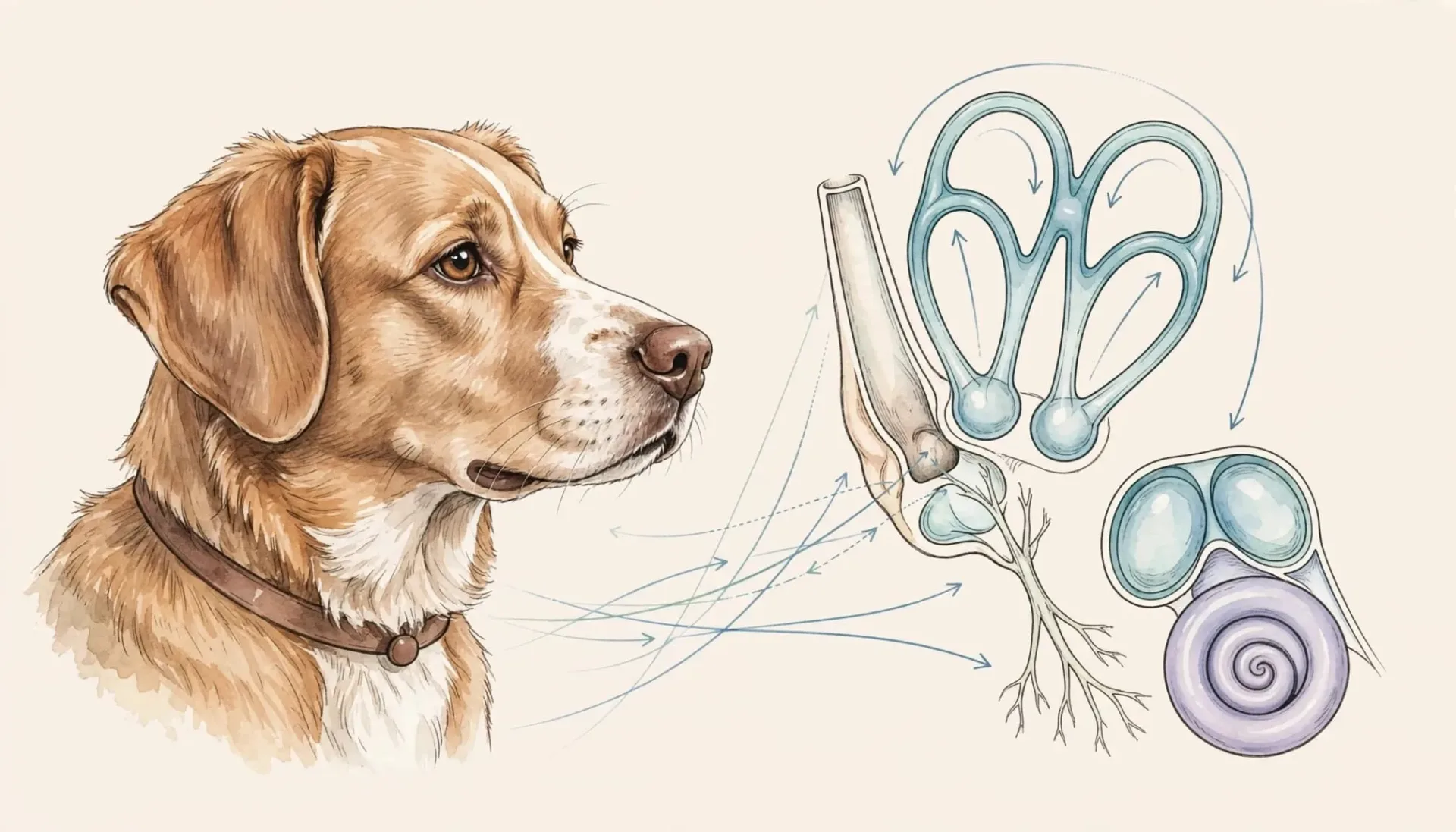 Illustration d'un chien de profil avec un sch&eacute;ma anatomique de l'oreille interne.