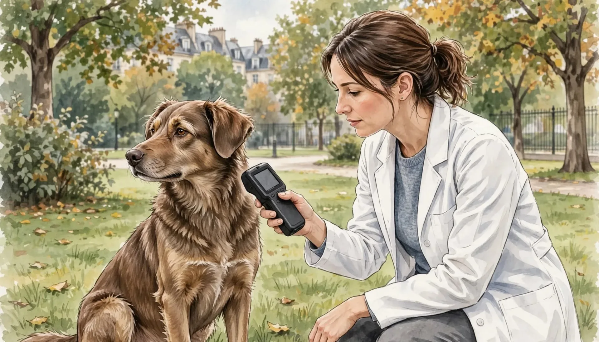 Une vétérinaire examine un chien brun dans un parc avec un lecteur de puce.