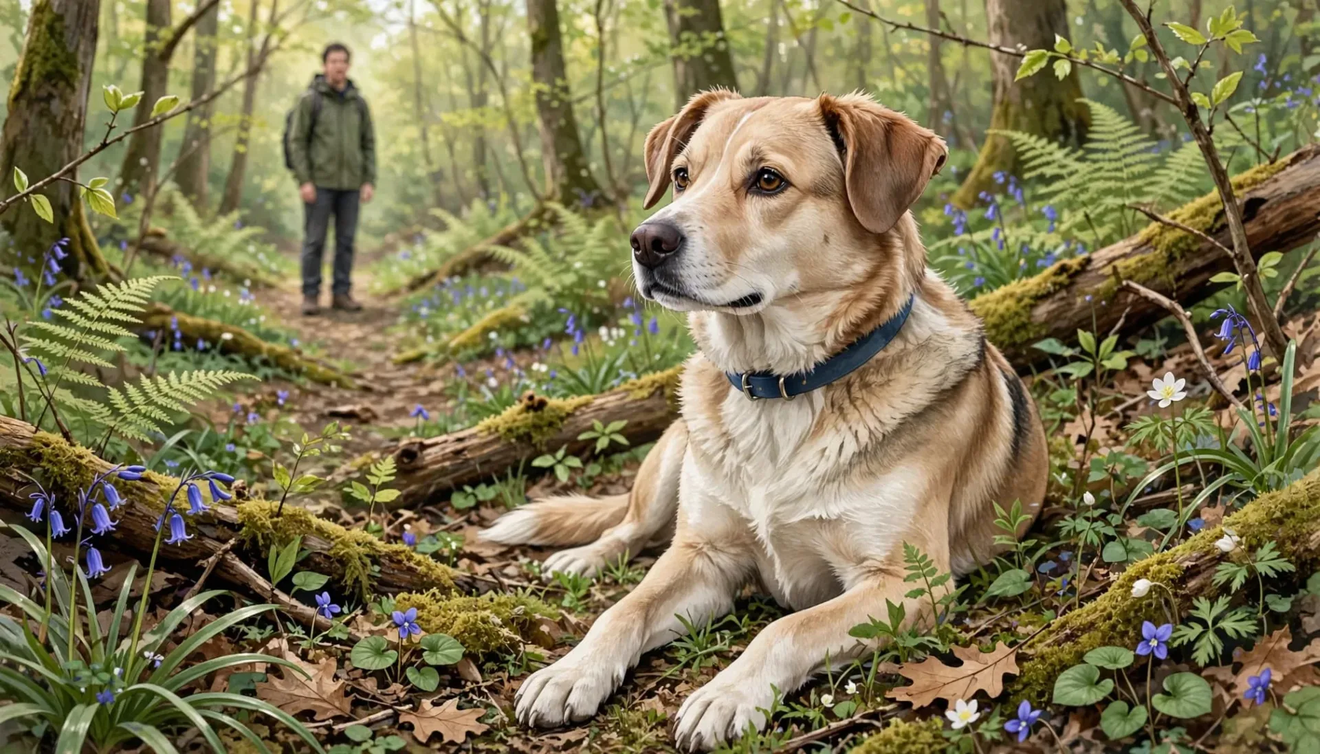 Un chien de taille moyenne couché dans une forêt de printemps avec son propriétaire en arrière-plan.