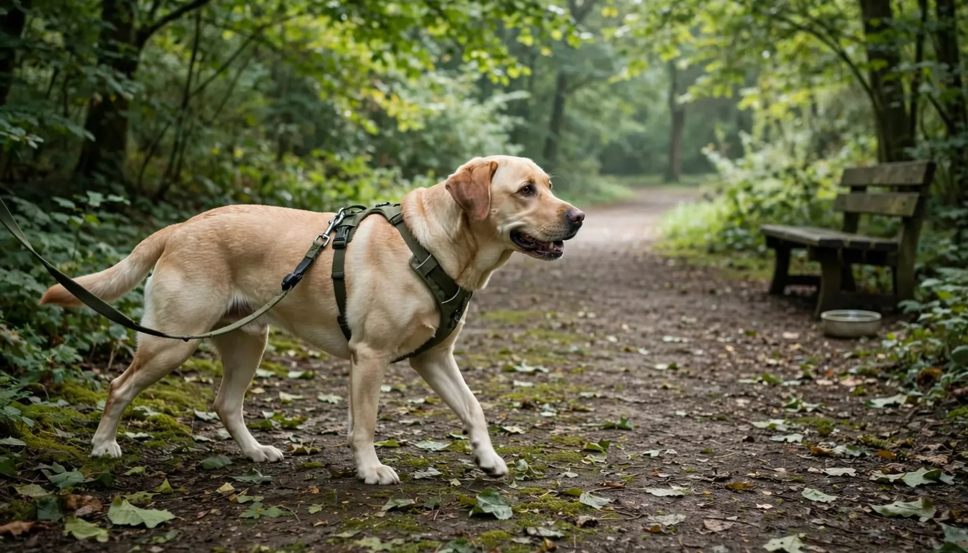 Un chien avance calmement, tenu en laisse sur un sentier ombragé.