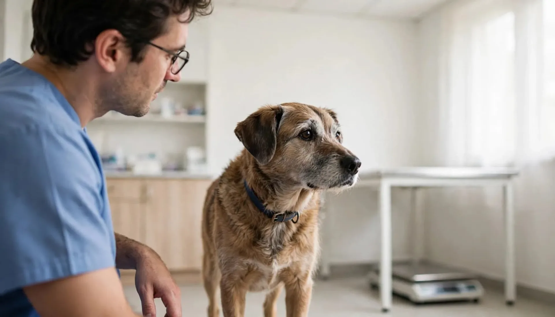 Un chien âgé se tient près d'un vétérinaire dans une salle d'examen.