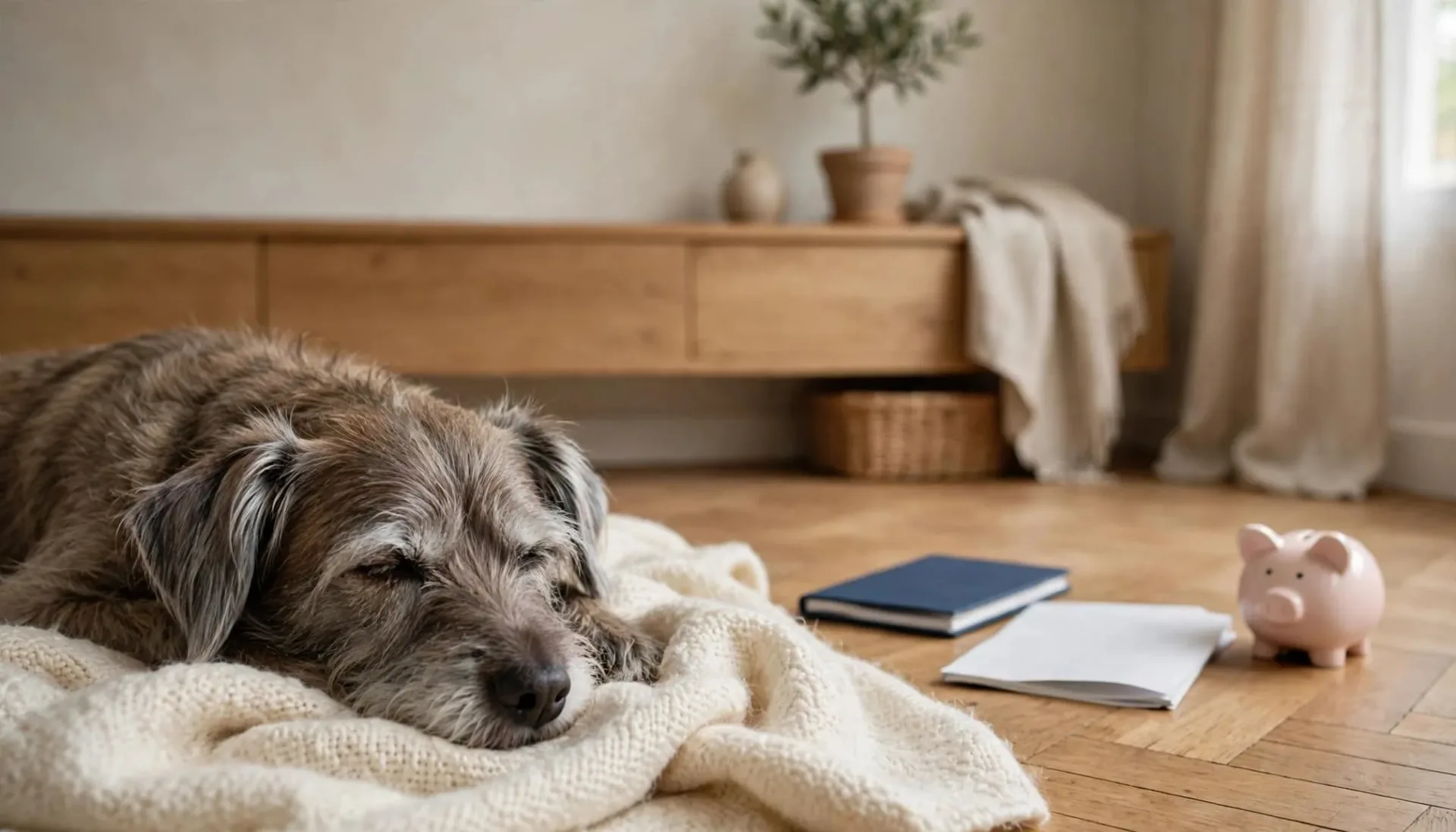 Un chien &acirc;g&eacute; se repose pr&egrave;s d'un carnet ferm&eacute;, d'une facture retourn&eacute;e et d'une tirelire.