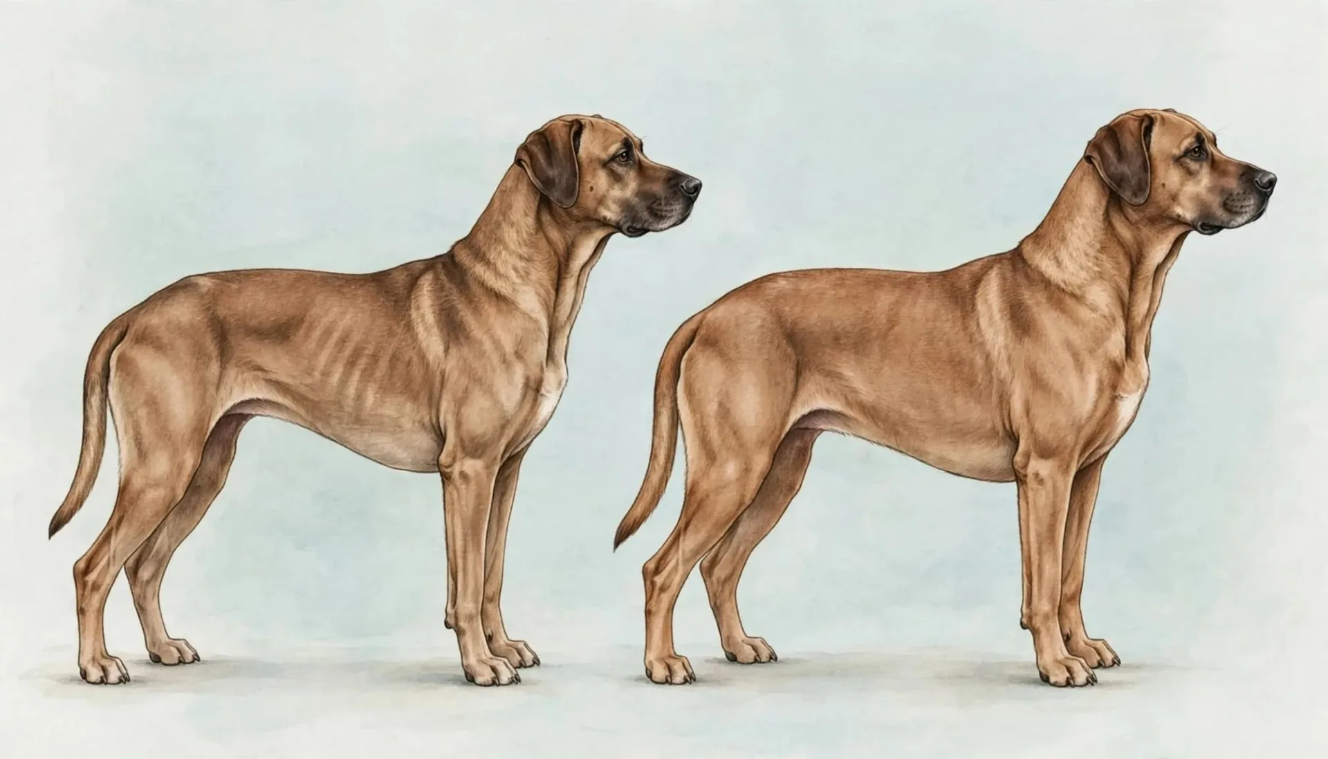 Illustration de deux chiens de profil, montrant une silhouette amaigrie &agrave; gauche et une silhouette saine &agrave; droite.