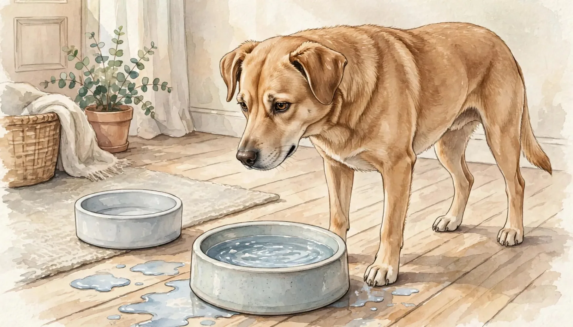 Un chien beige debout près de deux gamelles d'eau sur un sol en bois avec des flaques.