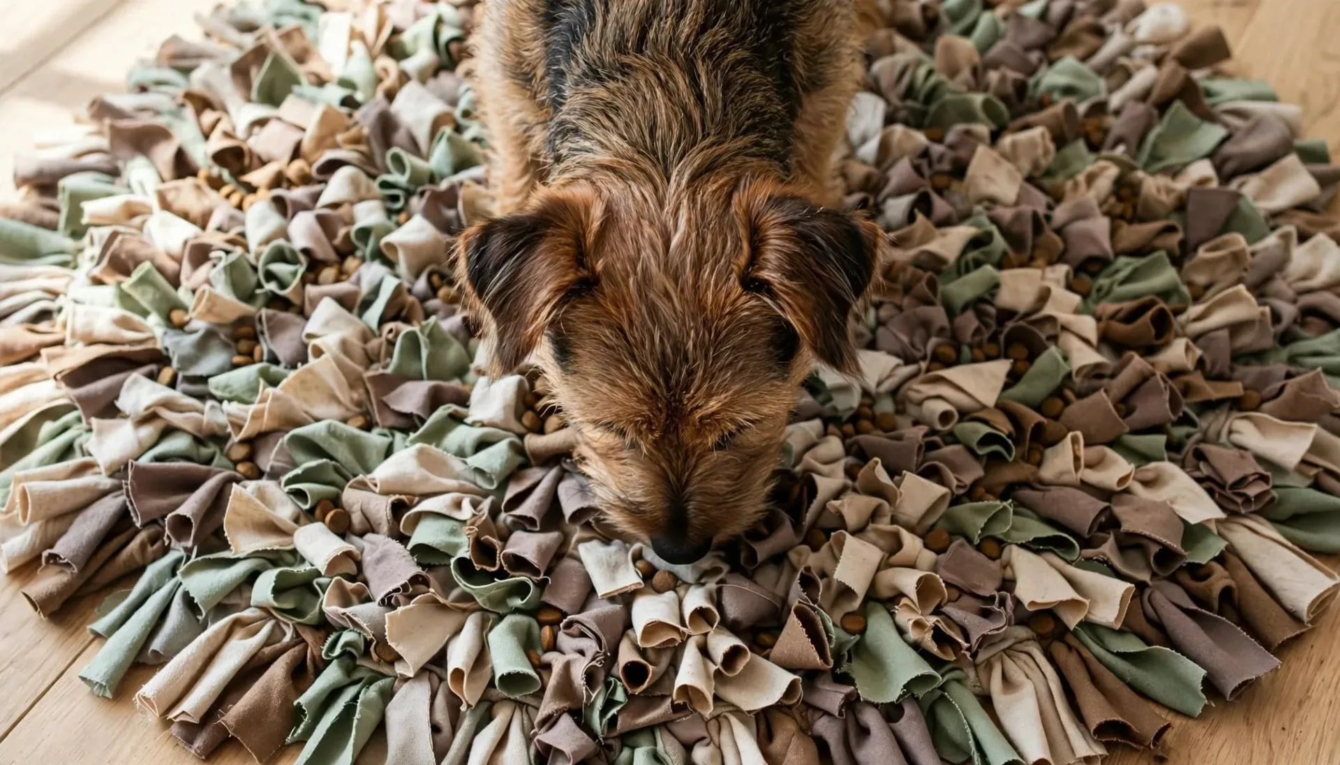 Un petit terrier cherche des croquettes dans un tapis de fouille.