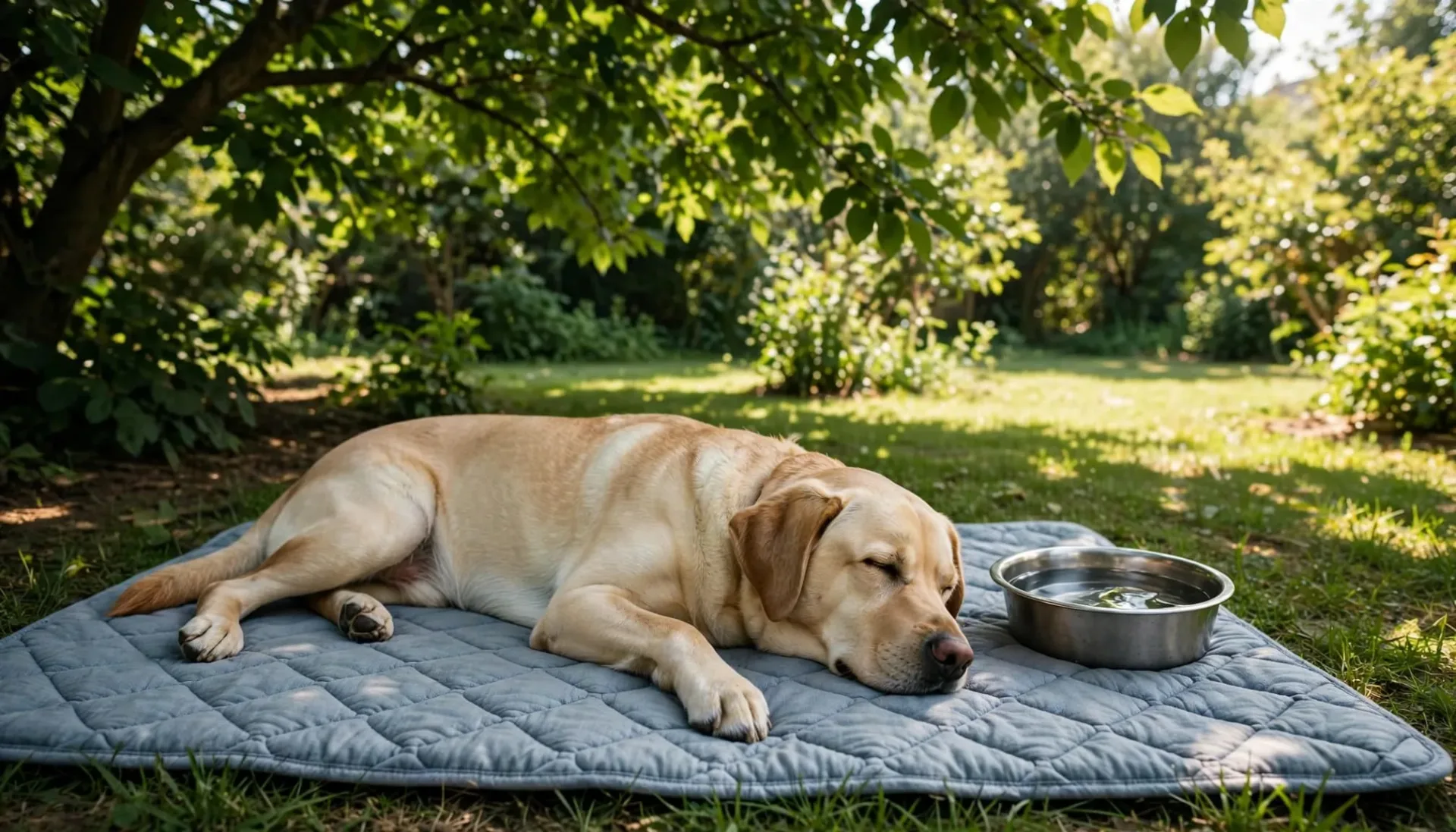 Un chien endormi sur un tapis rafraîchissant à côté d'une gamelle d'eau dans un jardin.