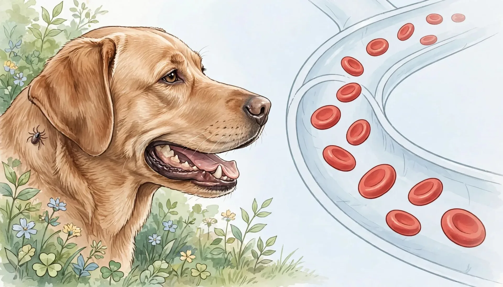 Illustration d'un chien de profil dans l'herbe avec une tique pr&egrave;s de l'oreille et des globules rouges dans un vaisseau.
