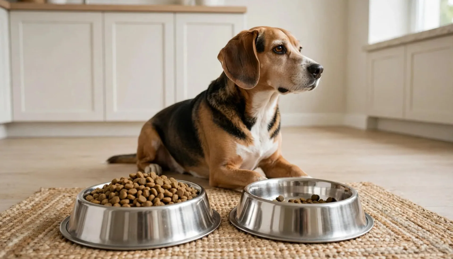 Un chien attend près de deux bols contenant des croquettes différentes.